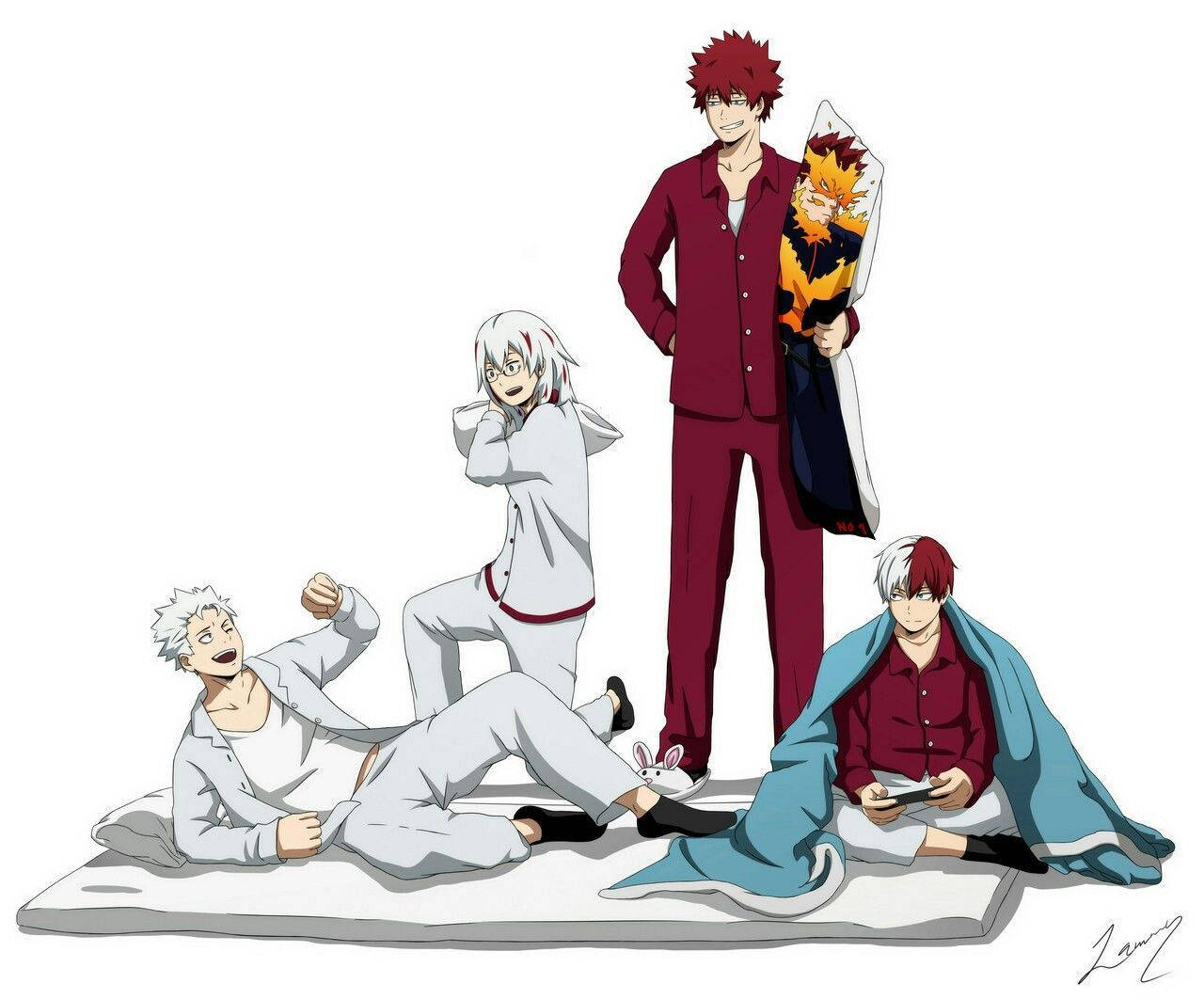 todoroki family 桌布 壁紙 — 四個穿著睡衣的動漫角色在墊子上放鬆，其中一個拿著一個火紅頭髮角色的裱框肖像。