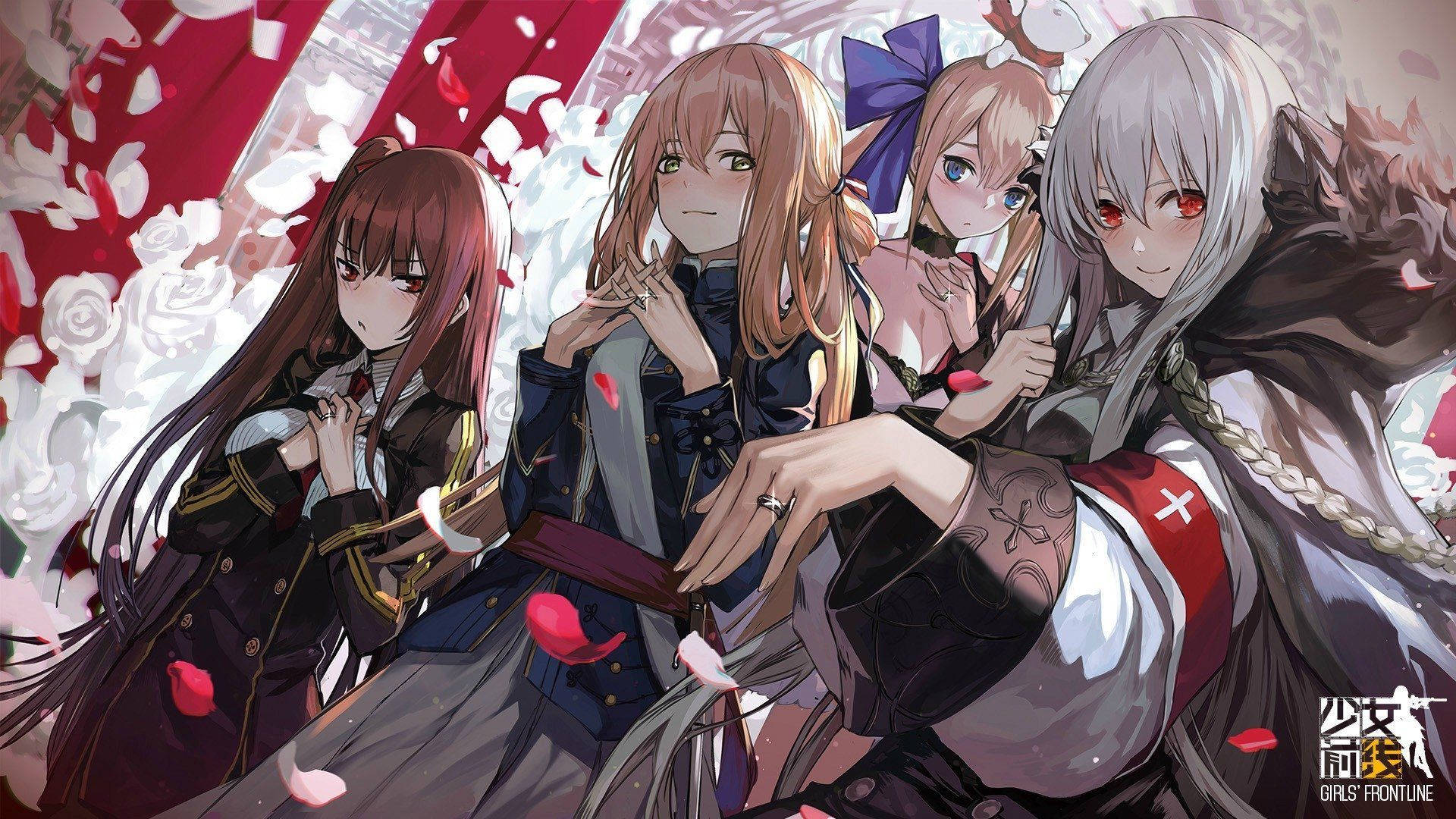 girls 桌布 壁紙 — 四個穿著精細制服的動畫女孩站在飄落的紅色花瓣中，背景是戲劇性的紅色和白色。