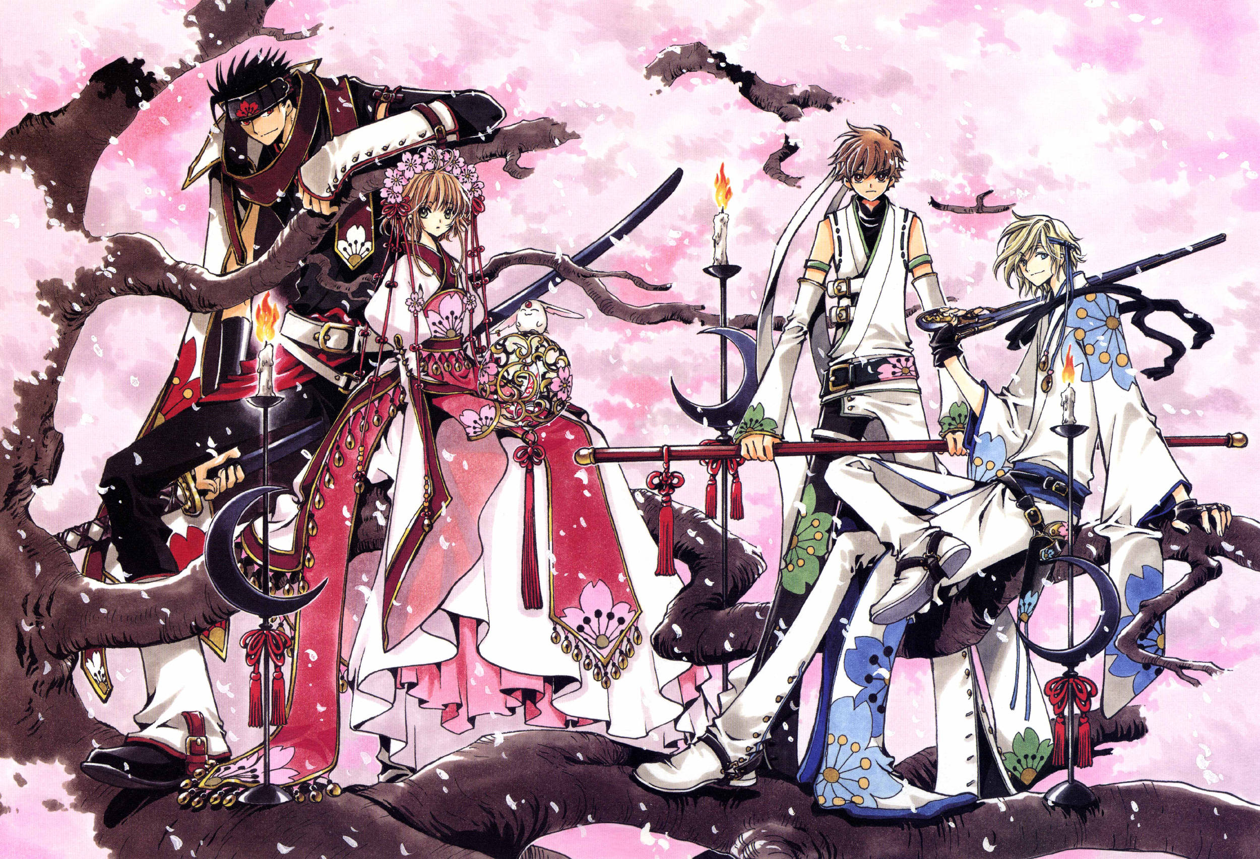 tsubasa reservoir chronicle 桌布 壁紙 — 四個穿著精緻服裝的動漫角色站在櫻花中，周圍有黑暗扭曲的樹枝和漂浮的蠟燭。