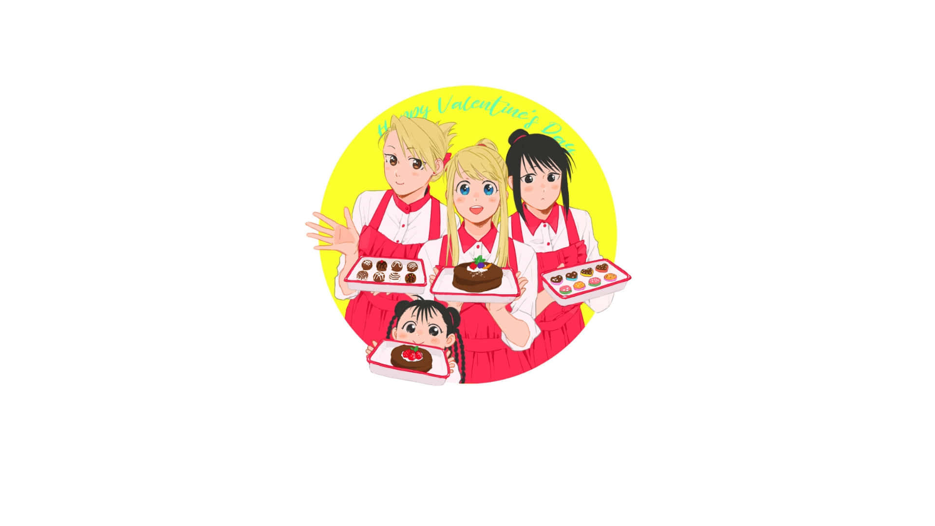 May Chang 桌布 壁紙 — 四個穿著紅色圍裙的動漫女孩，在明亮的黃色圓形背景前自豪地展示裝有巧克力甜點的托盤。