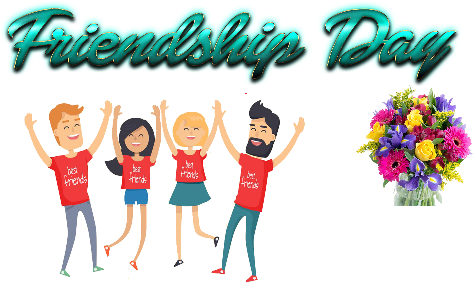 老友記 桌布 壁紙 — 四個穿著紅色襯衫的快樂卡通朋友在發光的「Friendship Day」文字下，在色彩繽紛的花束旁邊歡快地跳躍。