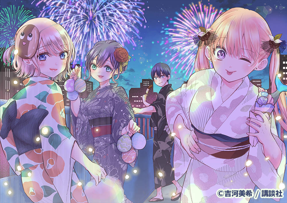 A 桌布 壁紙 — 四個穿著色彩繽紛和服的動畫女孩在夜晚城市天際線上空的璀璨煙火下慶祝。