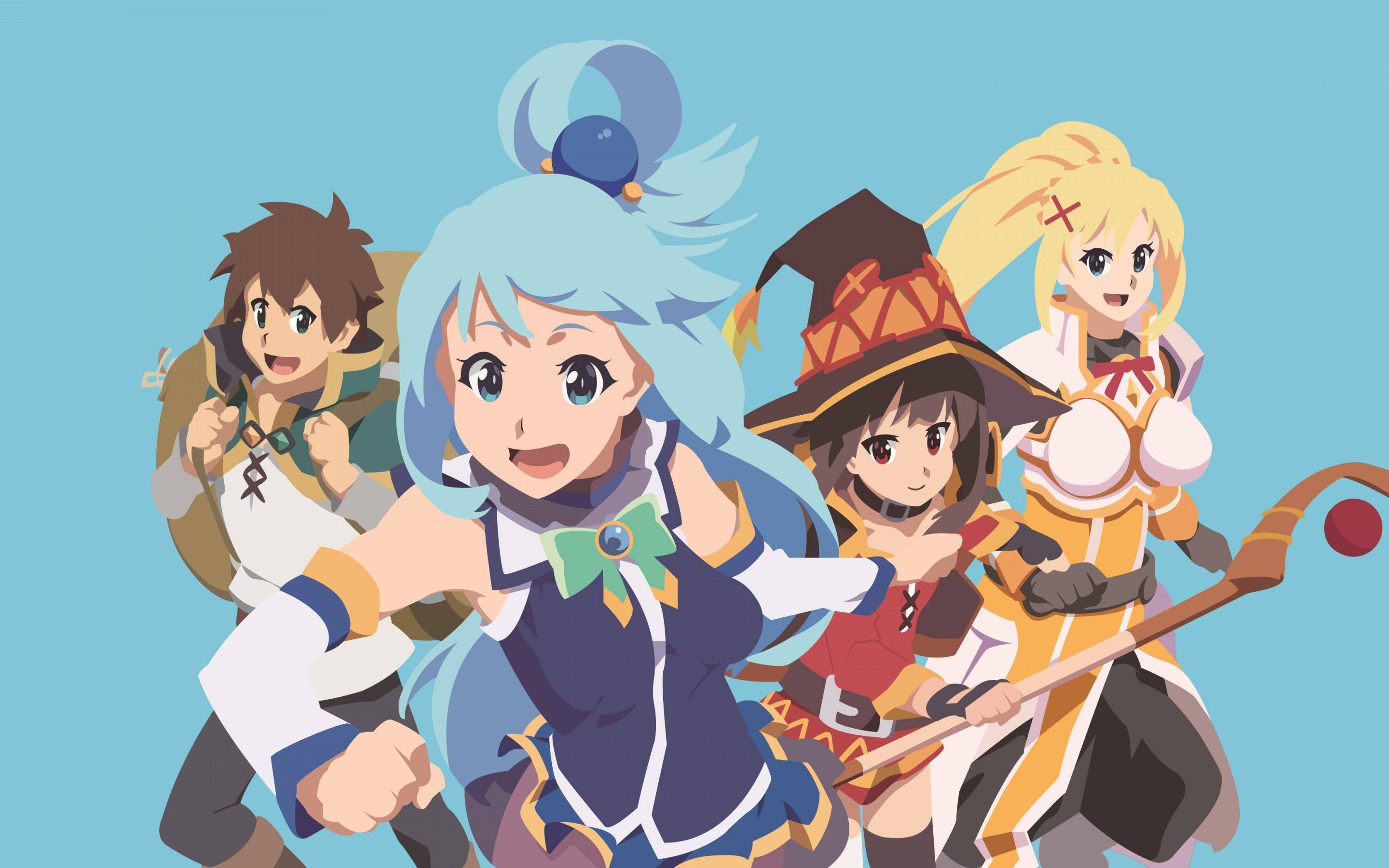 Konosuba 桌布 壁紙 — 四個穿著色彩繽紛奇幻服裝的開朗動漫冒險家，在純淺藍色背景前動感地擺姿勢。