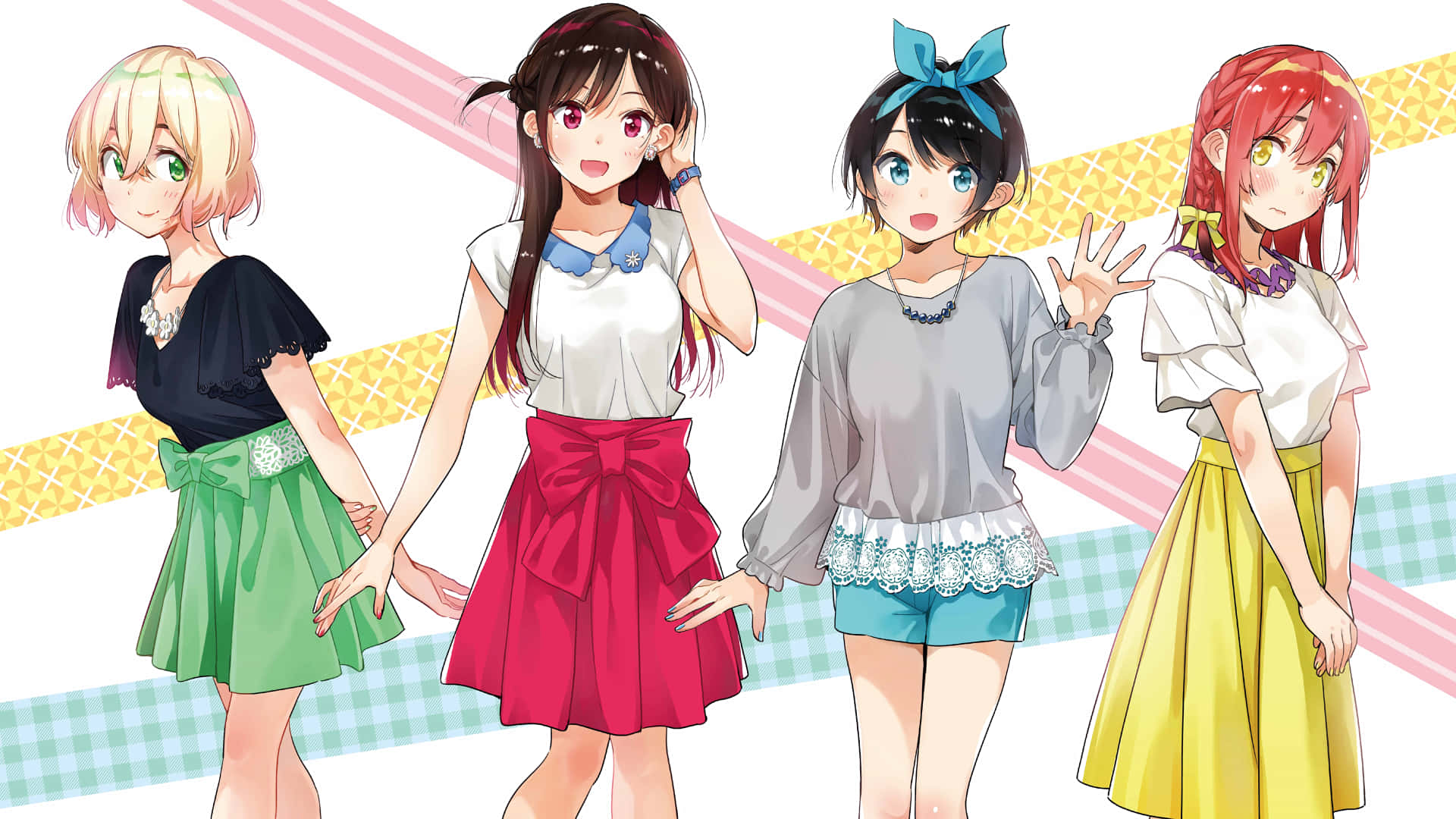 Animated 桌布 壁紙 — 四個穿著色彩繽紛服裝的開心動畫女孩，在充滿活力的幾何背景前手牽手站著。