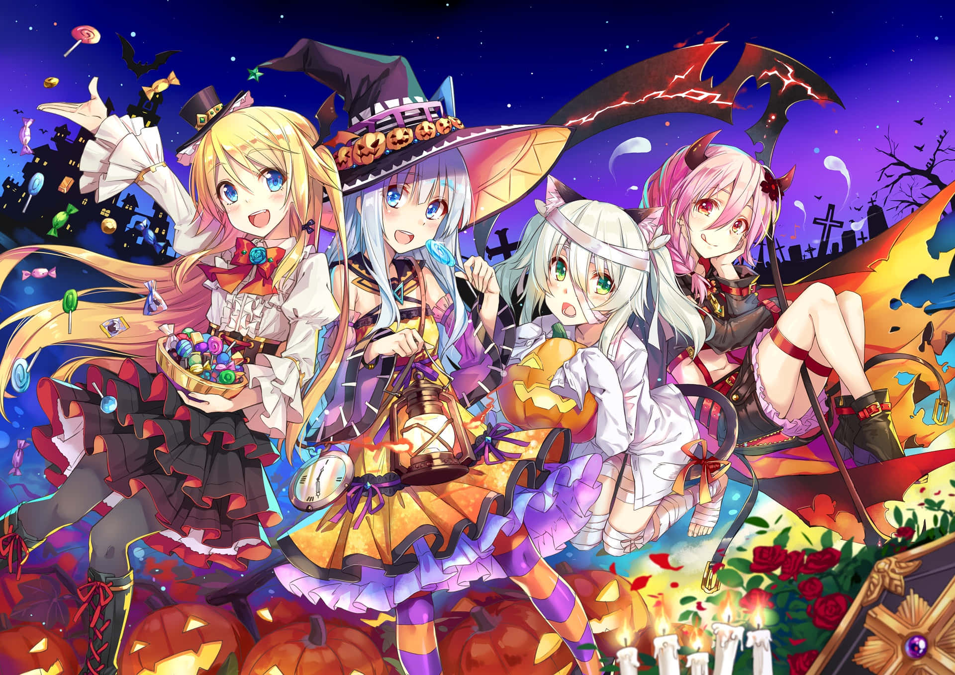Witch Hats 桌布 壁紙 — 四個穿著萬聖節服裝的開心動畫女孩在星空下，在南瓜、蠟燭和蝙蝠中擺姿勢。