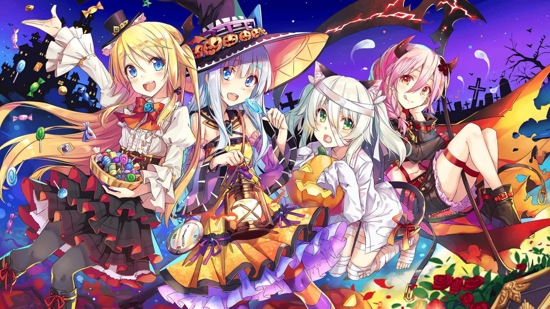 Halloween Anime Girl 桌布 壁紙 — 四個穿著萬聖節服裝的開心動畫女孩，在一個有鬼屋和蝙蝠的恐怖夜空下快樂地擺姿勢。