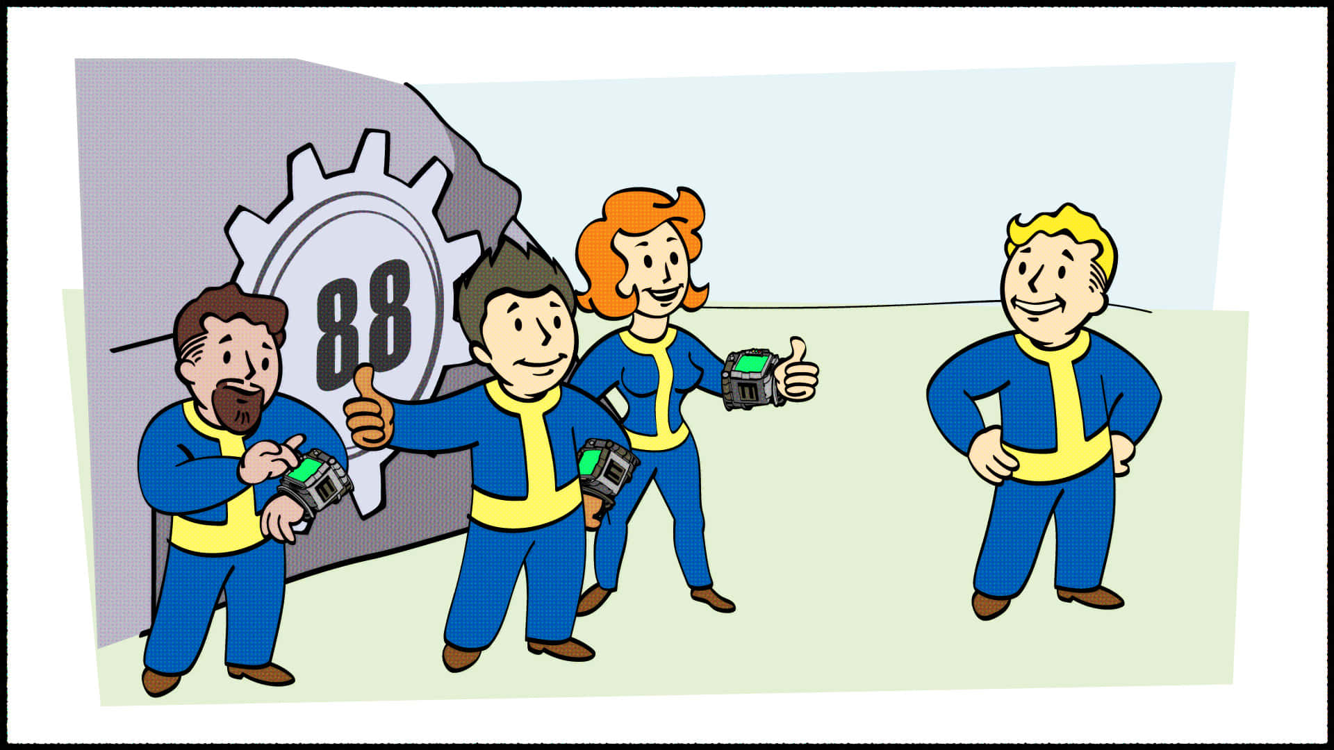 Fallout 4 Vault 桌布 壁紙 — 四個穿著藍黃色連身衣的開心地窖居民角色在帶有數字88的巨大齒輪附近豎起大拇指。