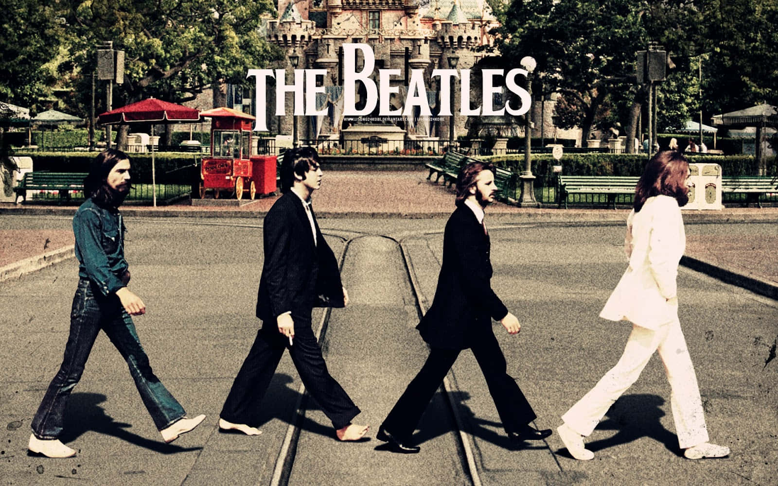 the beatles 桌布 壁紙 — 四個穿著西裝和休閒服的男人沿著鋪砌的小路走向一座城堡般的建築，背景有樹木和紅色雨傘。
