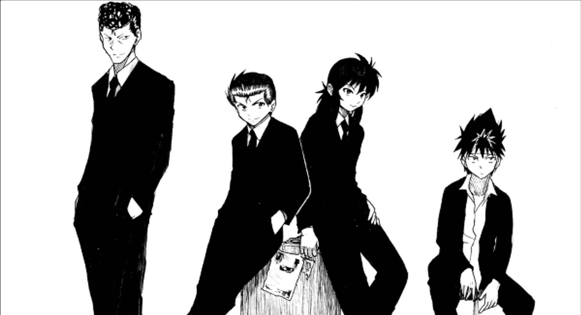 yuyu hakusho 桌布 壁紙 — 四個穿著西裝的動畫男孩在純白背景前以粗黑墨線自信地擺姿勢。
