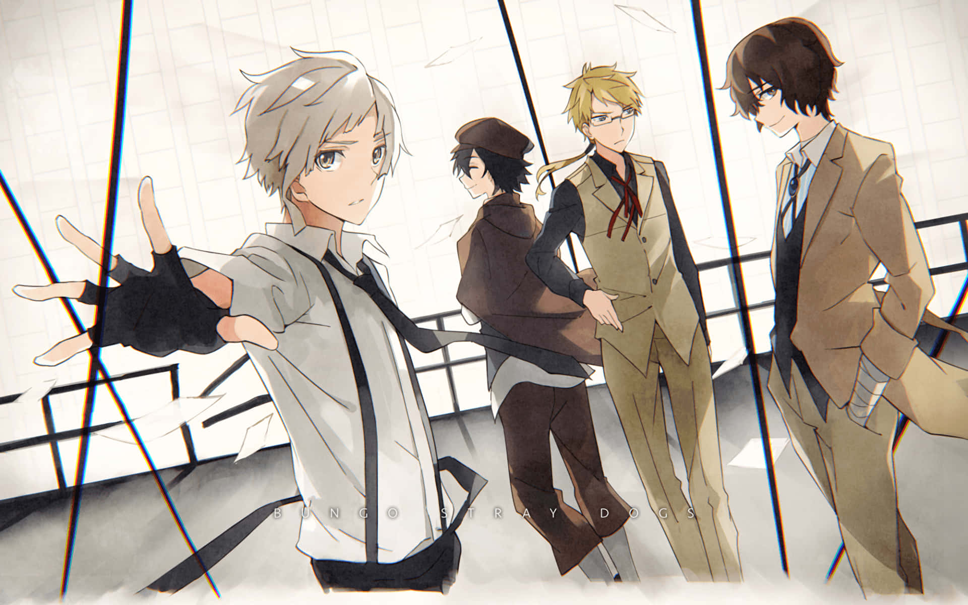bungou stray dogs 桌布 壁紙 — 四個穿著西裝的動畫男孩站在帶有幾何線條和柔和照明的玻璃陽台上。
