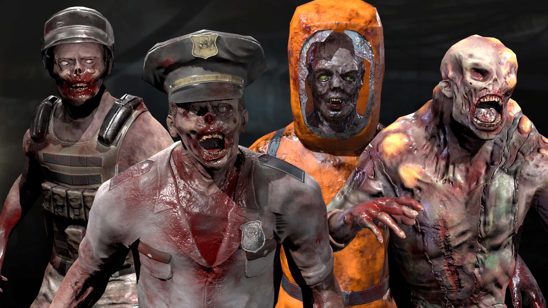 Scary Zombie 桌布 壁紙 — 四個穿著警察和軍裝的怪誕喪屍，在昏暗燈光下張著血淋淋的嘴巴，腐爛的肉體向前推進。