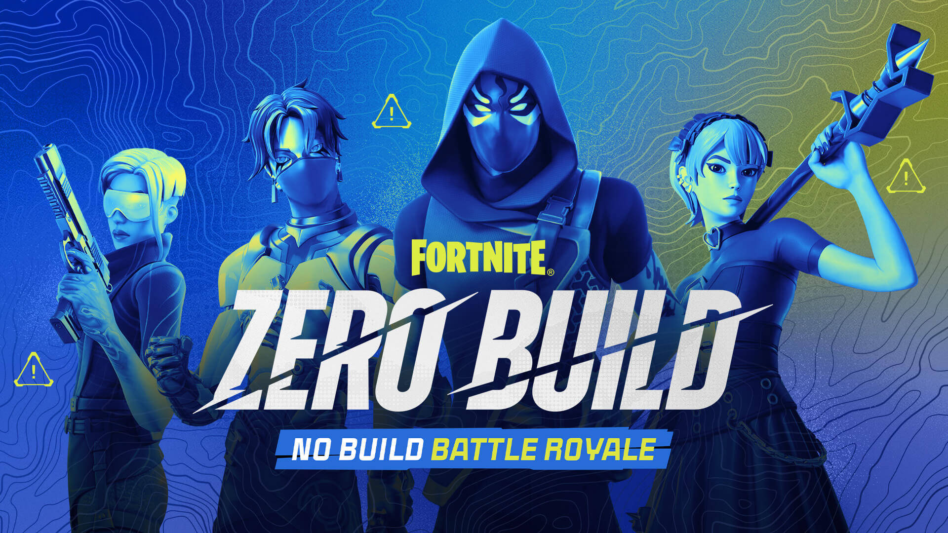 電玩遊戲 桌布 壁紙 — 四個穿著連帽裝備的Fortnite角色在藍黃色地形背景前手持武器，並帶有粗體零建造文字。