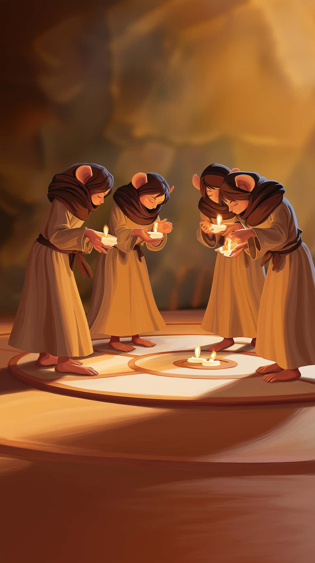 Adorable Mouse Figures Meditating with Candles Soft Light 壁紙 — 四個穿著長袍、有老鼠耳朵的人物在溫暖照明的洞穴空間中圍繞中央火焰手持點燃的蠟燭。