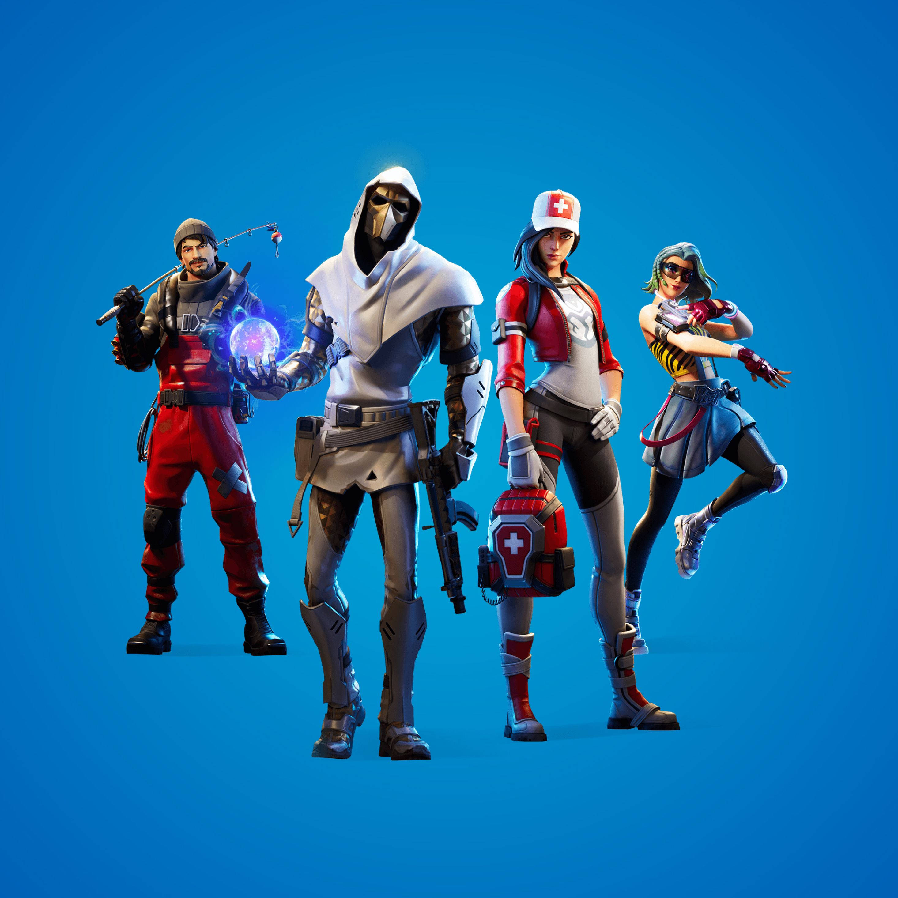 Fortnite iPad 桌布 壁紙 — 四個穿著鮮豔服裝的 Fortnite 角色在純藍色背景前動態擺姿勢。