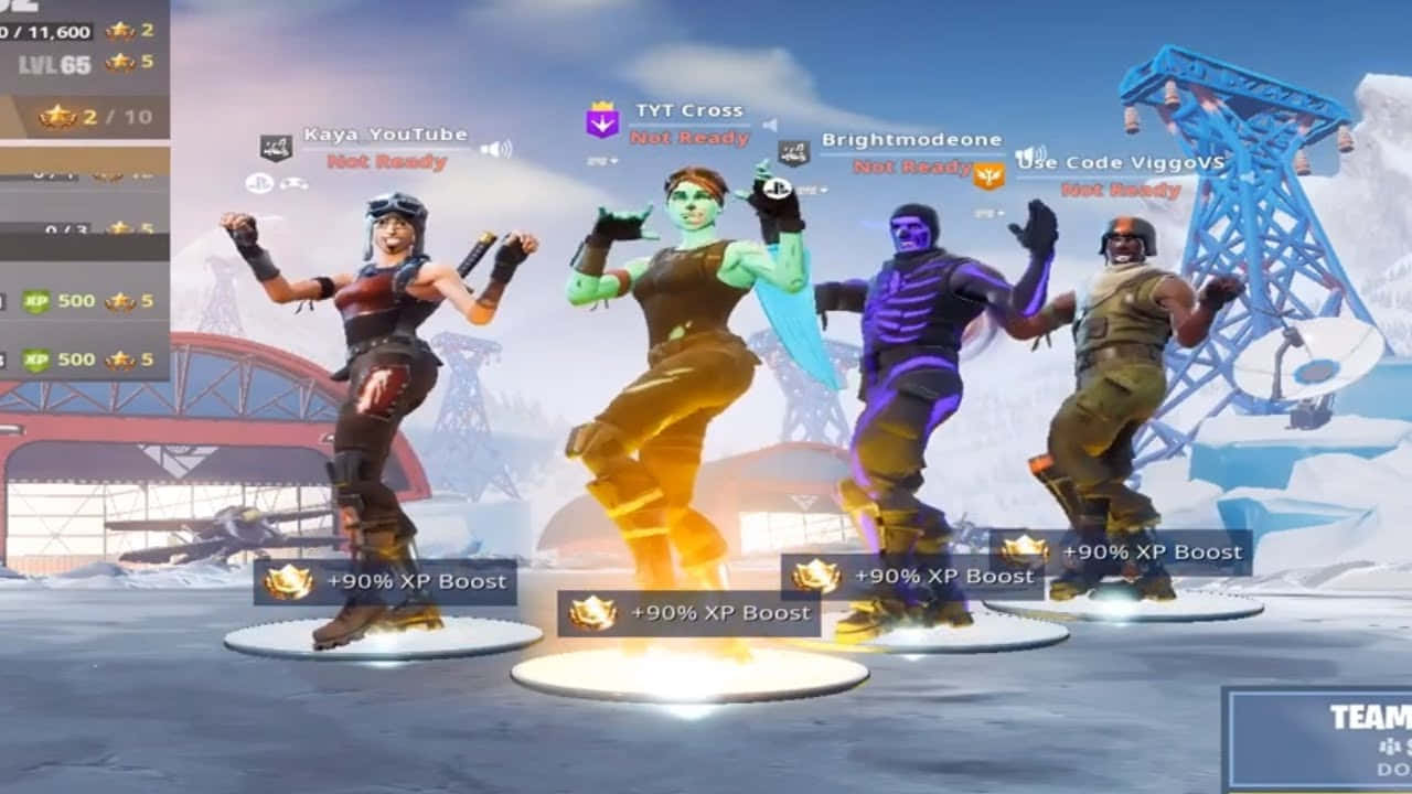 Aerial Assault Trooper 桌布 壁紙 — 四個穿著鮮豔造型的Fortnite角色在雪地遊戲大廳中發光的平台上跳舞，並帶有UI元素。