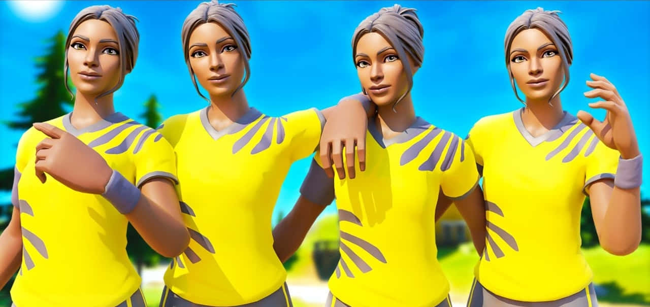 Fortnite 造型 桌布 壁紙 — 四個穿著黃色襯衫的相同女性Fortnite角色在明亮的藍天下一起站在戶外。