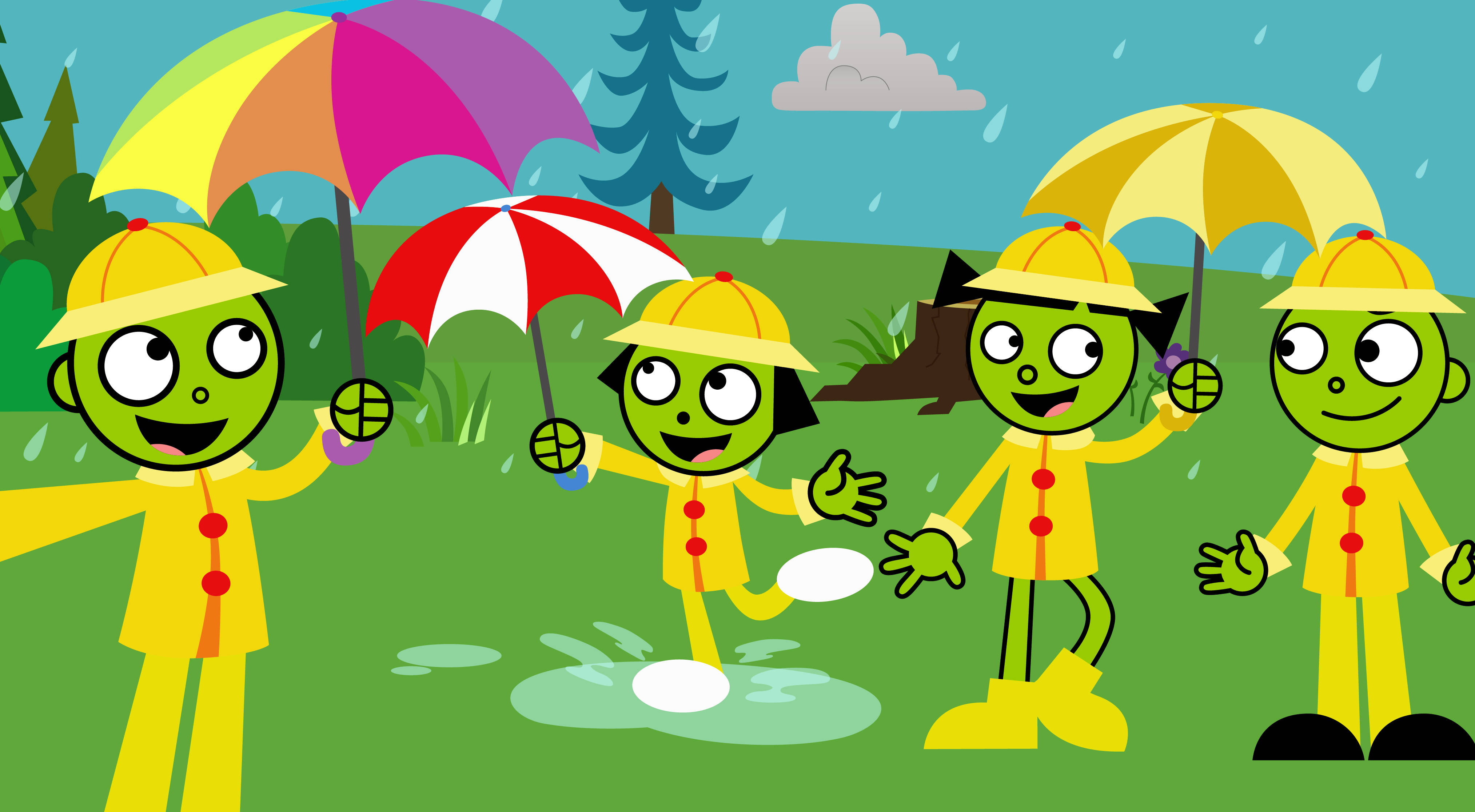 Pbs 桌布 壁紙 — 四個穿著黃色雨衣的綠色卡通角色在雨天裡，在彩色雨傘下開心地跳進水坑玩耍。