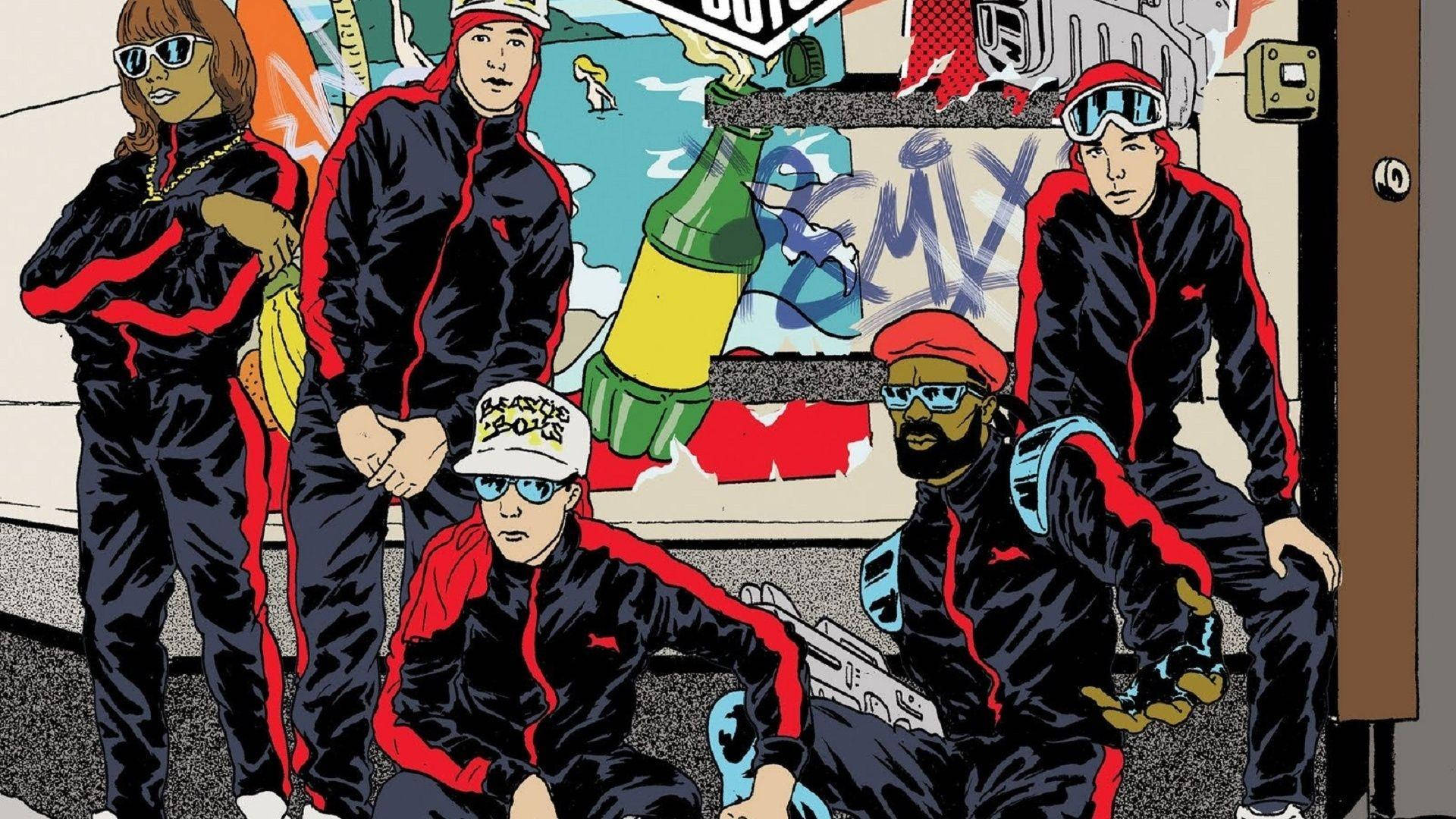 Rap 桌布 壁紙 — 四個穿著黑色和紅色運動服的風格化人物，在一個被塗鴉覆蓋的城市牆壁前擺姿勢，牆上有一個巨大的汽水瓶壁畫。