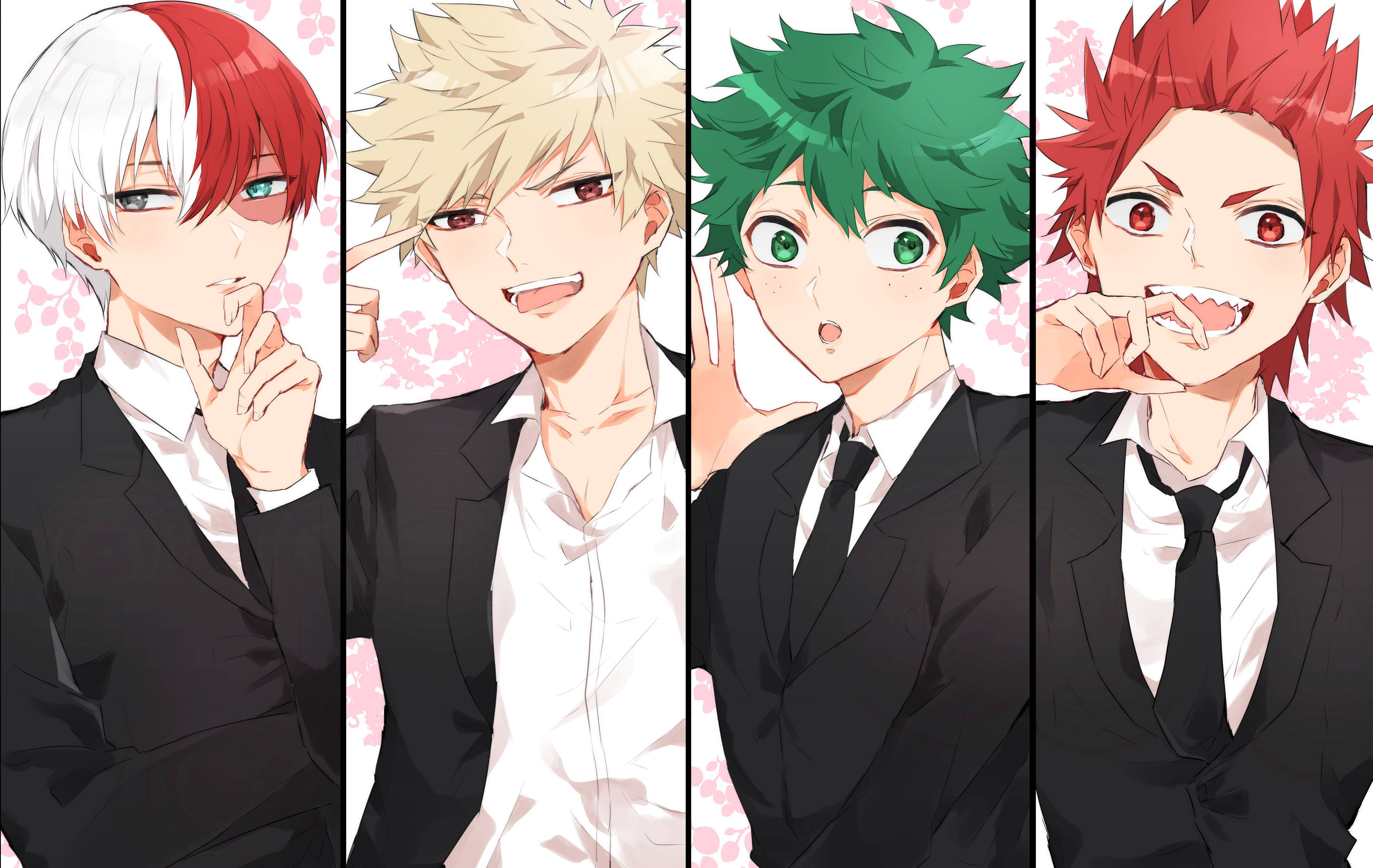 Deku X Todoroki X Bakugou 桌布 壁紙 — 四個穿著黑色西裝的動畫男孩在柔和的粉紅色櫻花背景下擺出俏皮的表情。