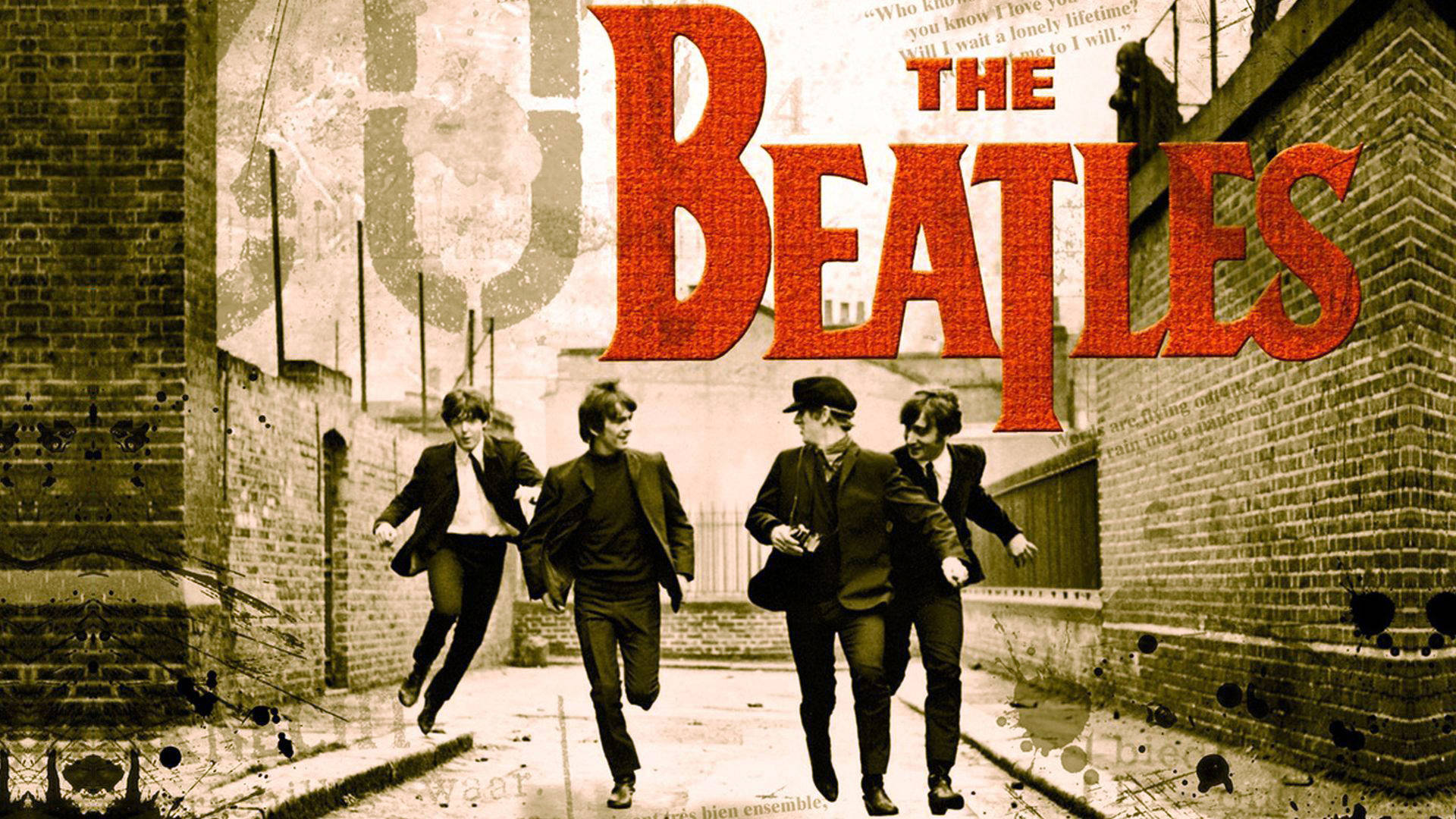 the beatles 桌布 壁紙 — 四個穿西裝的男人在一條粗糙的磚砌小巷中奔跑，上方有一個大膽的紅色披頭四標誌，帶有復古文字疊加。