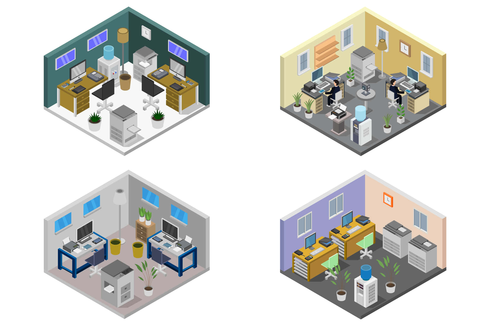 Isometric rooms 壁紙 — 四個等距辦公室佈局，配有不同配色方案的辦公桌、電腦、椅子和植物。