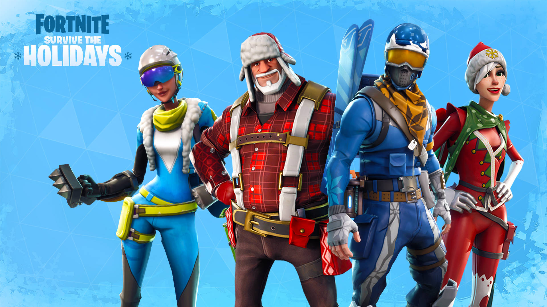 Fortnite 桌布 壁紙 — 四個節日主題的 Fortnite 角色穿著節慶冬季裝備，在藍色幾何背景前自信地擺姿勢。