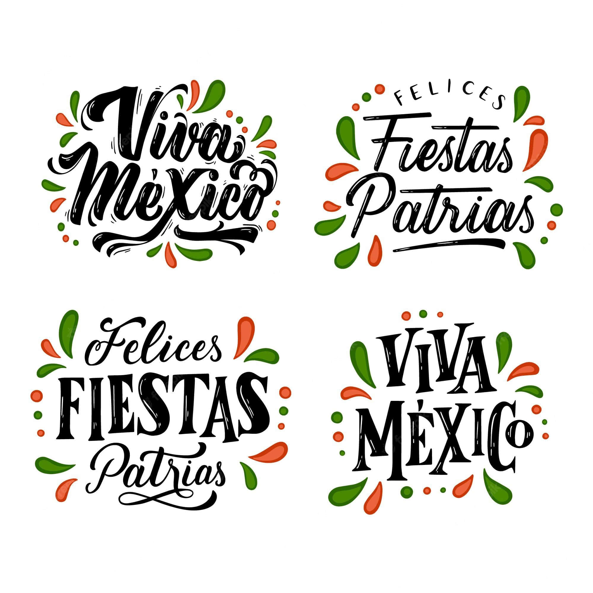 Viva Mexico 桌布 壁紙 — 四個節日墨西哥假期字體設計，在白色背景上帶有粗體黑色字體和色彩繽紛的綠色橙色點綴。