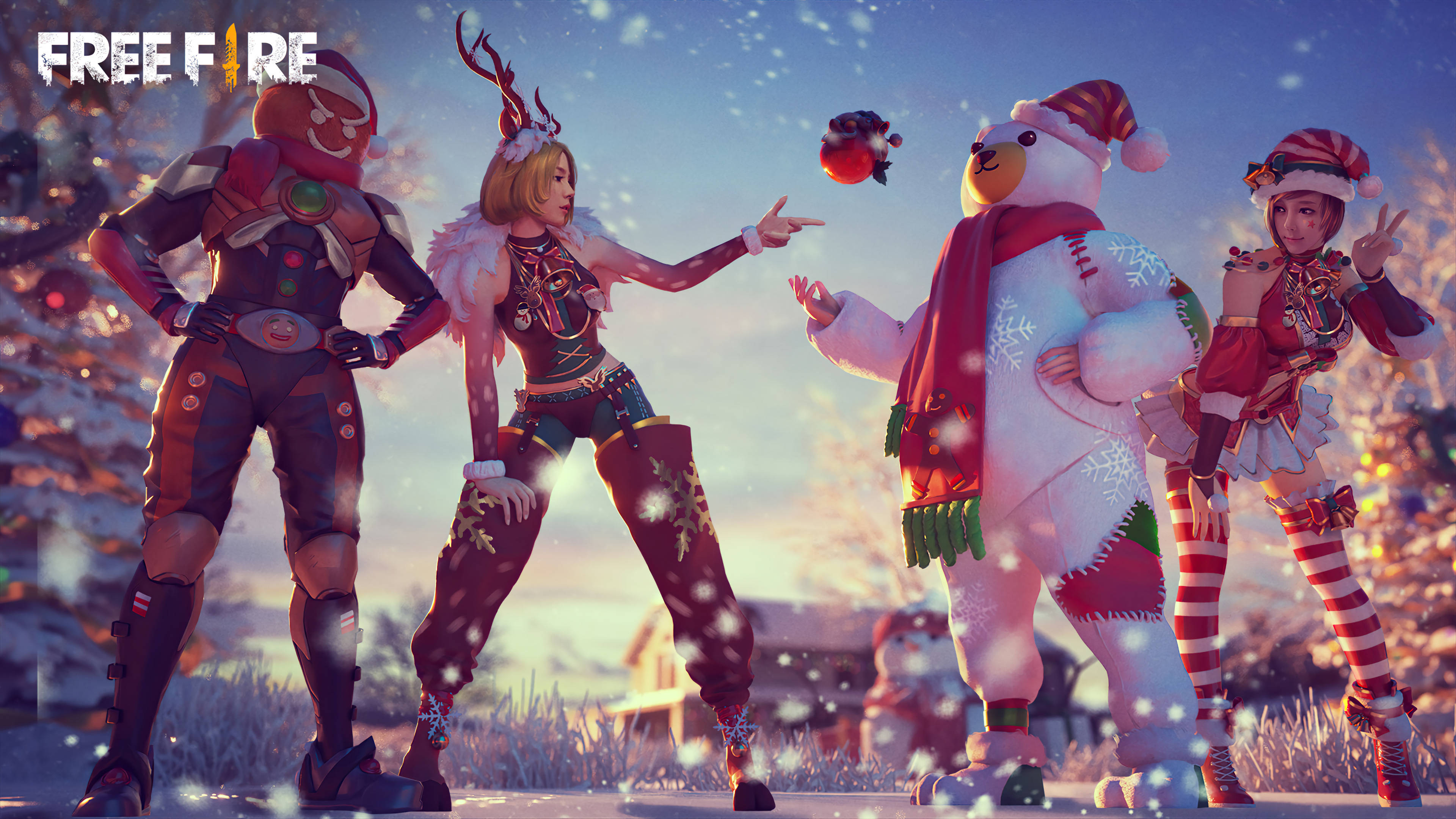 free fire bundle 桌布 壁紙 — 四個節日遊戲角色穿著節日裝備，在飄雪的雪地戶外場景中愉快地擺姿勢。