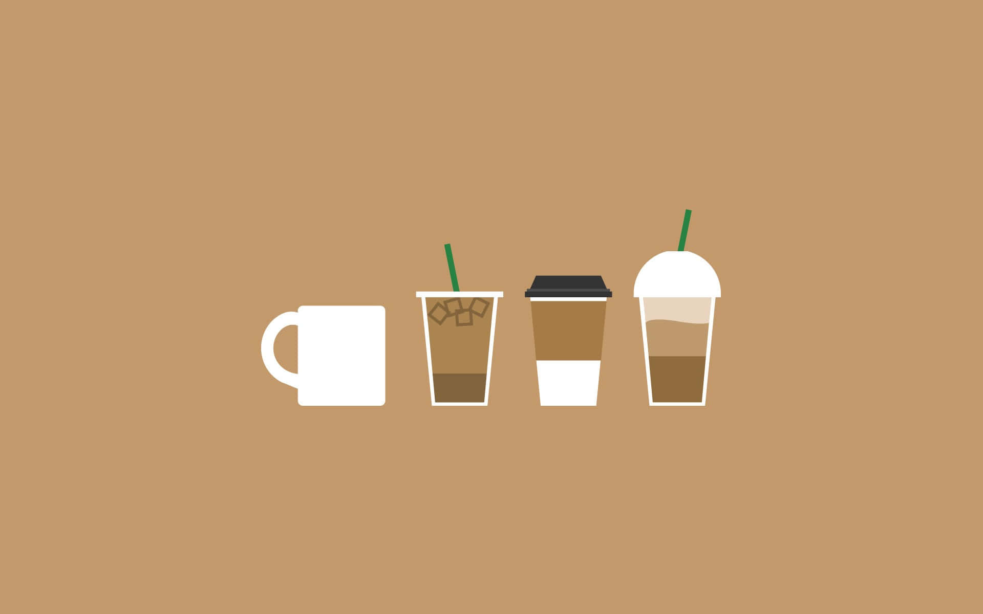 Coffee Aesthetic 桌布 壁紙 — 四個簡約咖啡容器，包括馬克杯、冰飲外帶杯和星冰樂，在溫暖的棕色背景上。