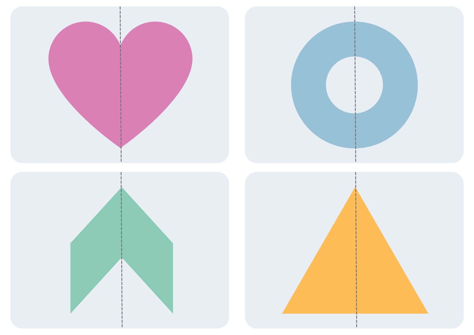 Shapes 桌布 壁紙 — 四個粉彩色幾何形狀（心形、圓形、箭頭、三角形）排列在淺灰色背景上的網格中。