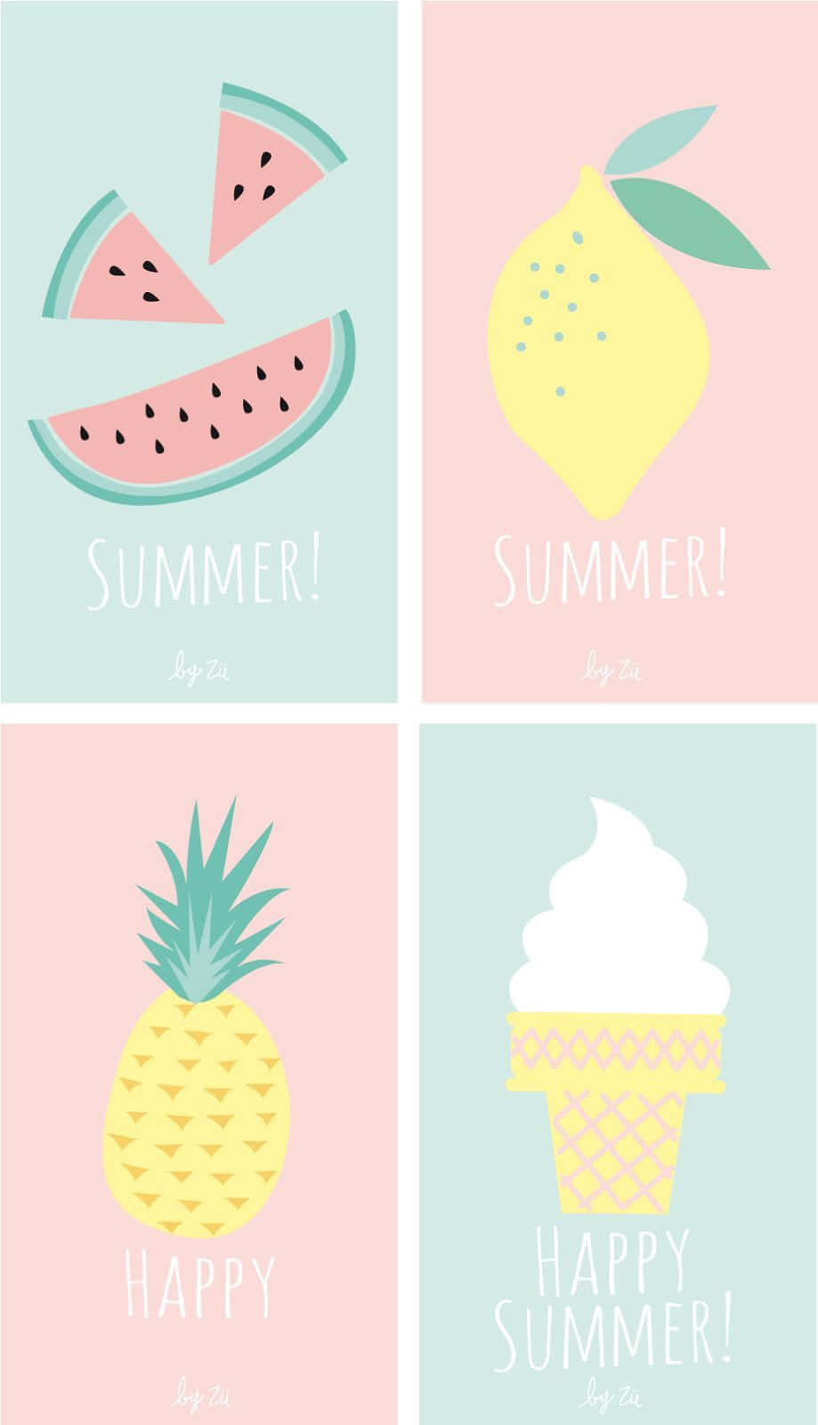 Summer iPhone 桌布 壁紙 — 四個粉彩面板各有一個夏日圖標：西瓜、檸檬、鳳梨或冰淇淋，配上歡快的文字。