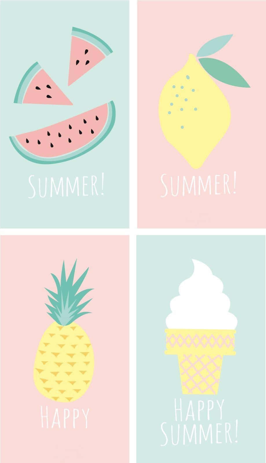 Summer iPhone 桌布 壁紙 — 四個粉彩面板各有一個夏日圖標西瓜檸檬鳳梨或冰淇淋，並附有歡快的文字。