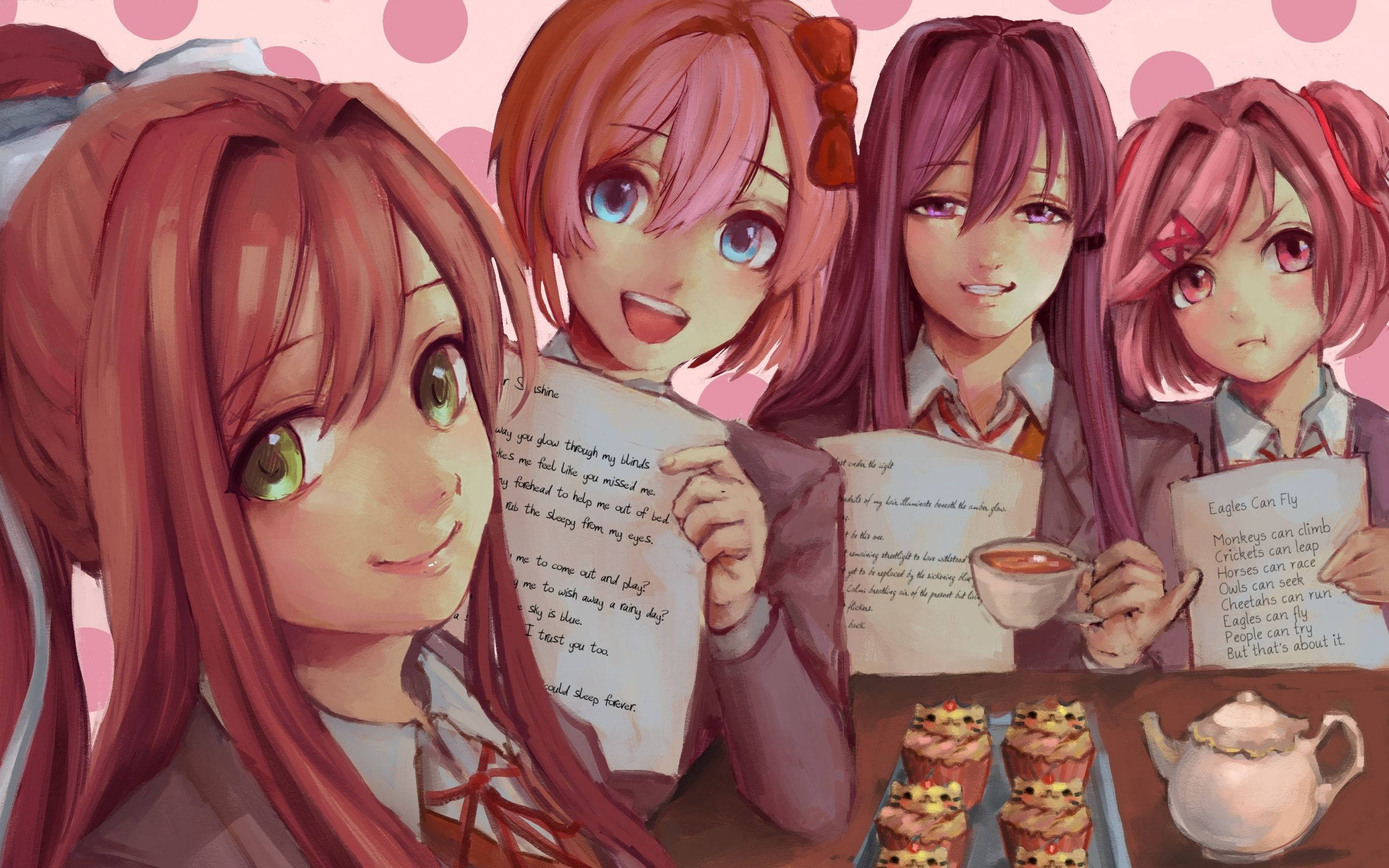 literature 桌布 壁紙 — 四個粉紅色頭髮的動漫女孩圍著一張放有杯子蛋糕和茶的桌子，閱讀手寫的古怪動物事實筆記。