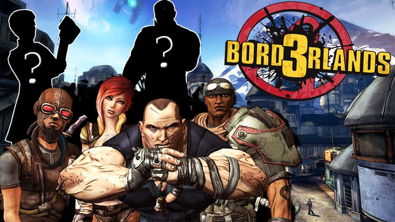 Borderlands Characters 桌布 壁紙 — 四個粗獷的傭兵站在科幻荒原上，頭頂有一個醒目的Borderlands標誌。