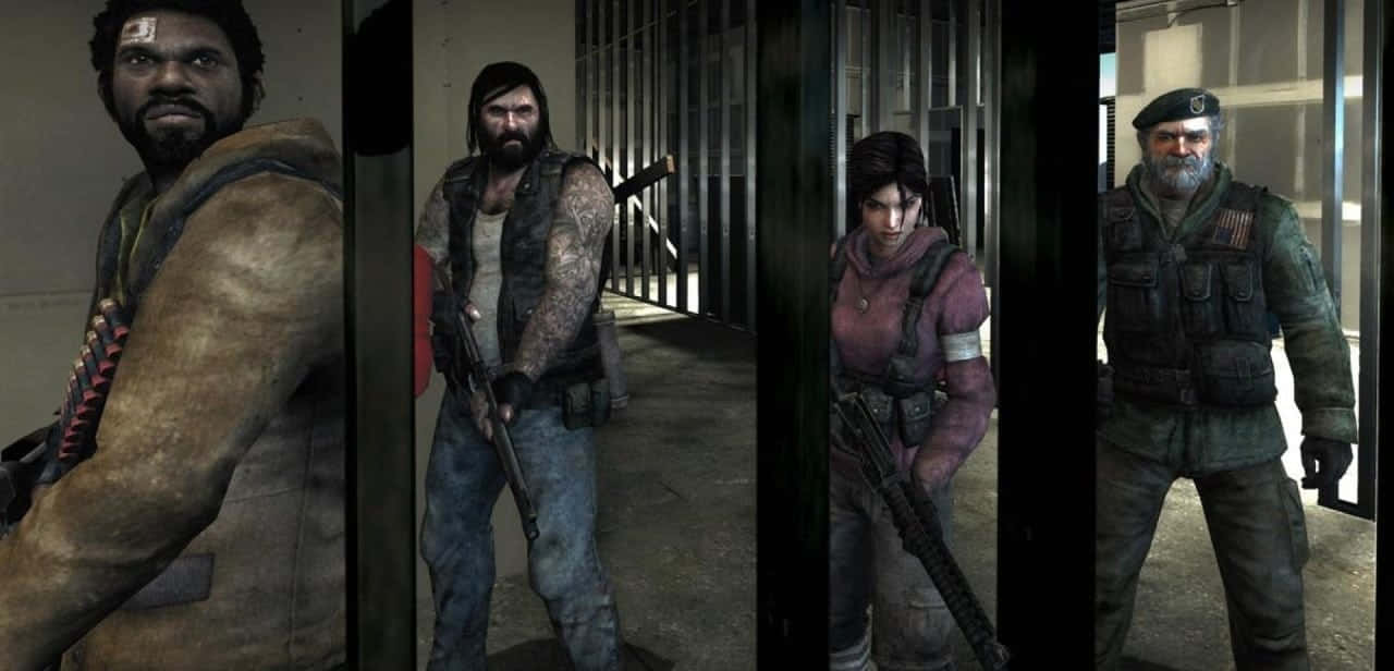 Left 4 Dead Characters 桌布 壁紙 — 四個粗獷的武裝倖存者站在昏暗的監獄走廊中，每個人都被鐵欄杆框住，帶著堅毅決定的表情。