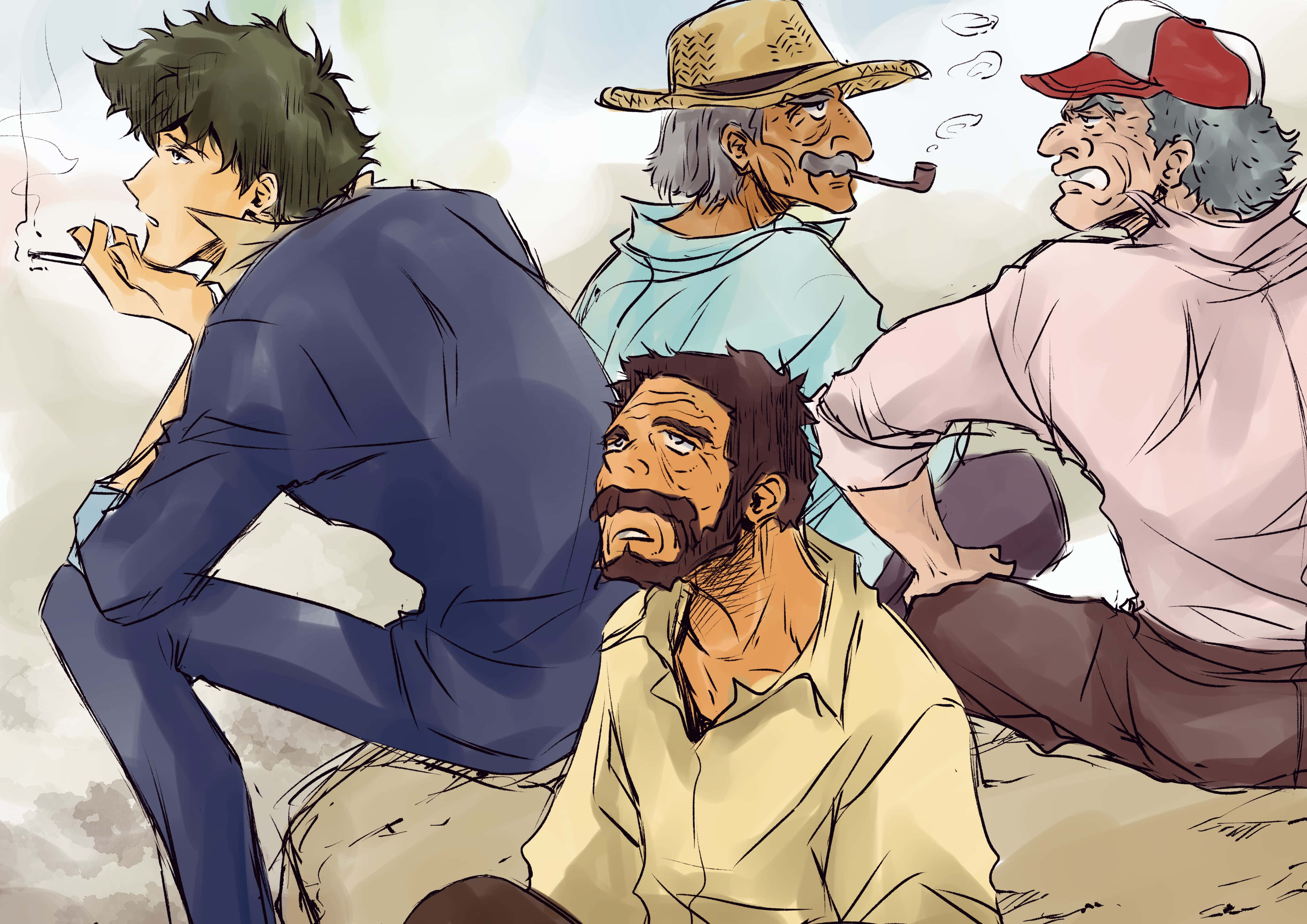 Cowboy Bebop Antonio 桌布 壁紙 — 四個粗獷的男人在一個塵土飛揚的環境中，一個在抽煙，另一個拿著煙斗，所有人都有強烈的表情。