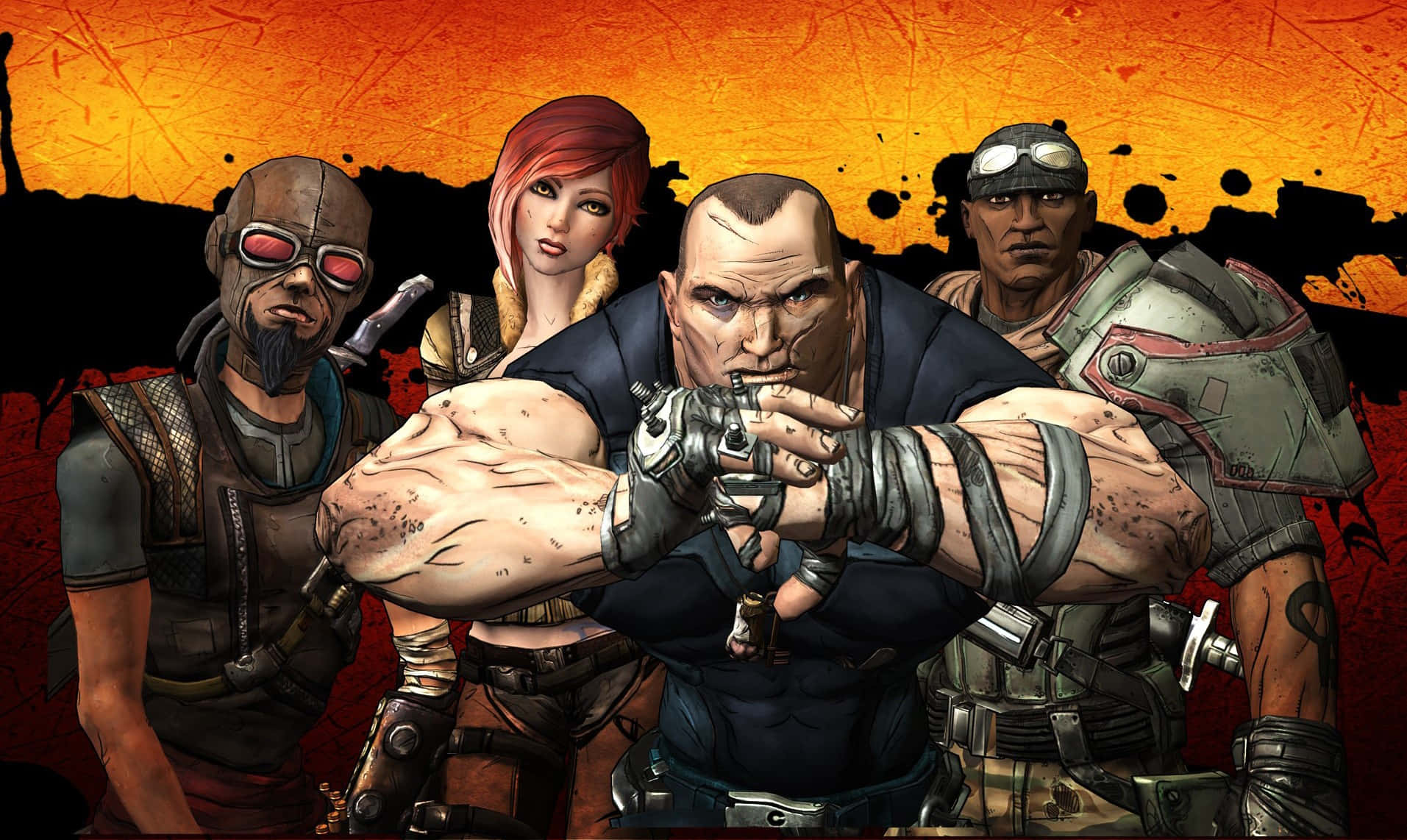 Borderlands 桌布 壁紙 — 四個粗獷的賽博龐克戰士站在熾熱的橙色和黑色背景中，帶著強烈的表情和未來主義裝備，準備戰鬥。
