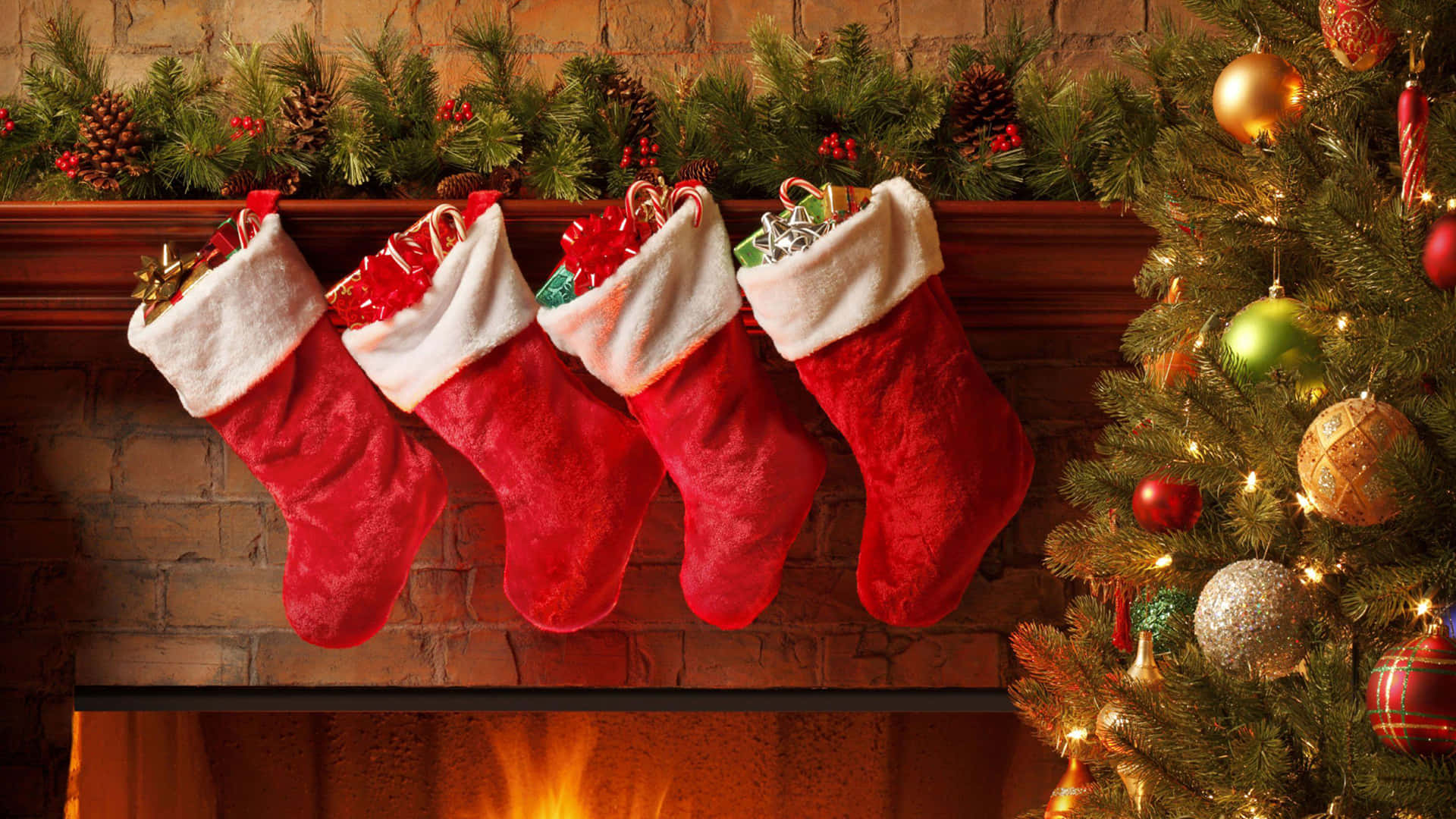 Christmas Teams 桌布 壁紙 — 四個紅色天鵝絨長襪掛在發光的壁爐上方，旁邊有一棵裝飾好的聖誕樹。