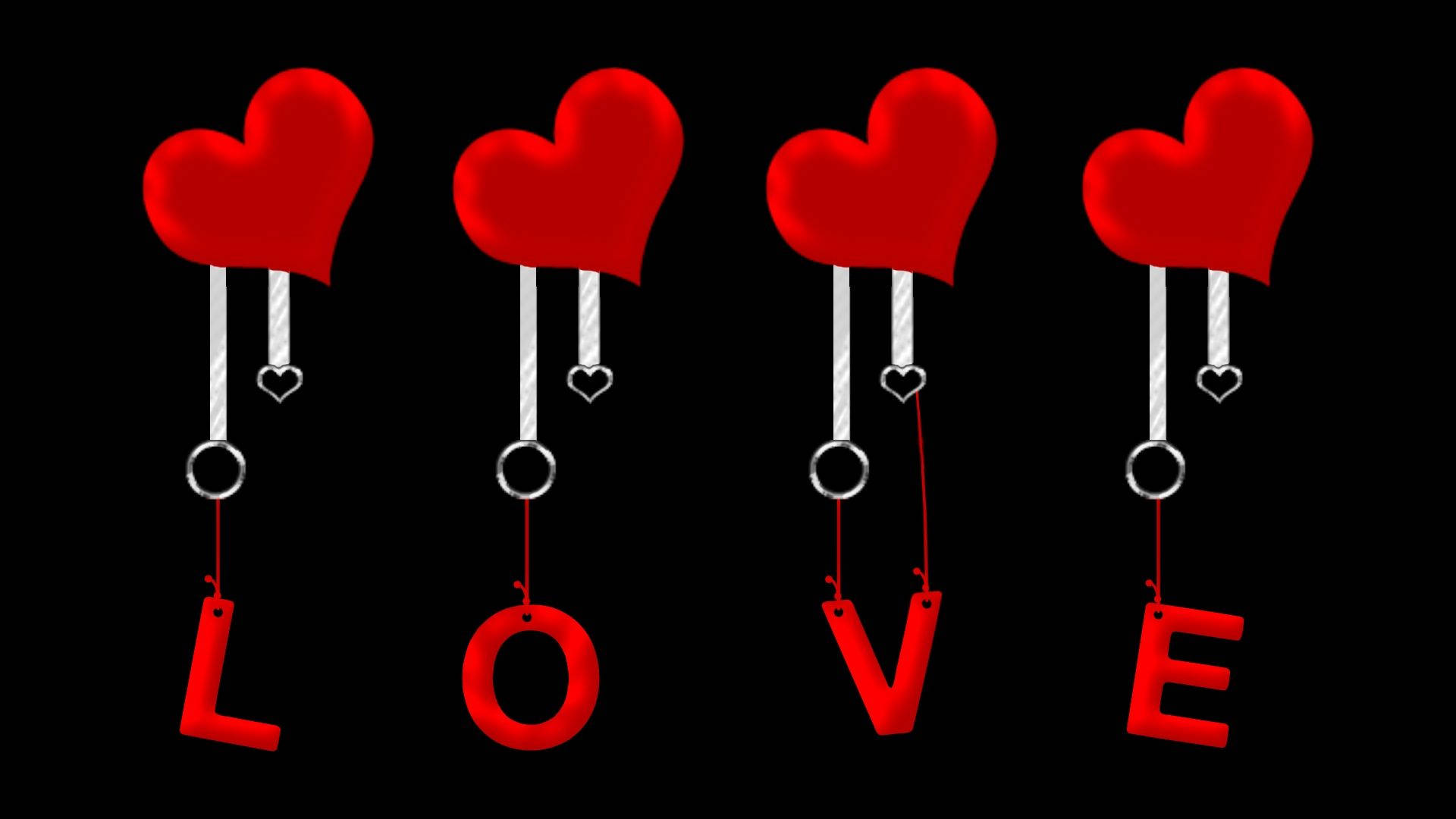 黑色愛情 桌布 壁紙 — 四個紅色心形懸掛在粗體紅色字母 LOVE 上方，背景為黑色。