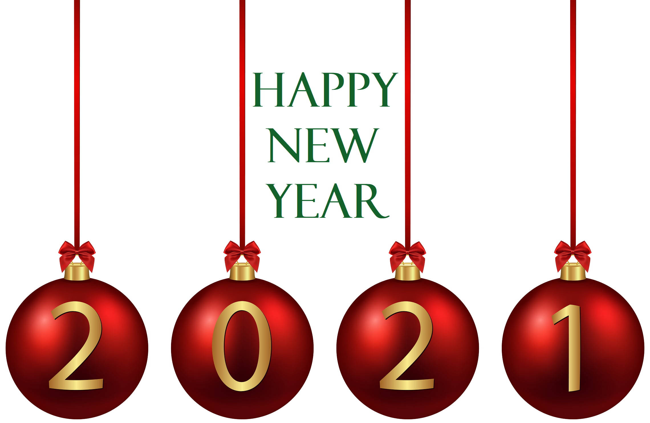 新年快樂 桌布 壁紙 — 四個紅色聖誕裝飾用金色數字拼出2021，掛著紅色蝴蝶結，白色背景上有綠色文字寫著新年快樂。