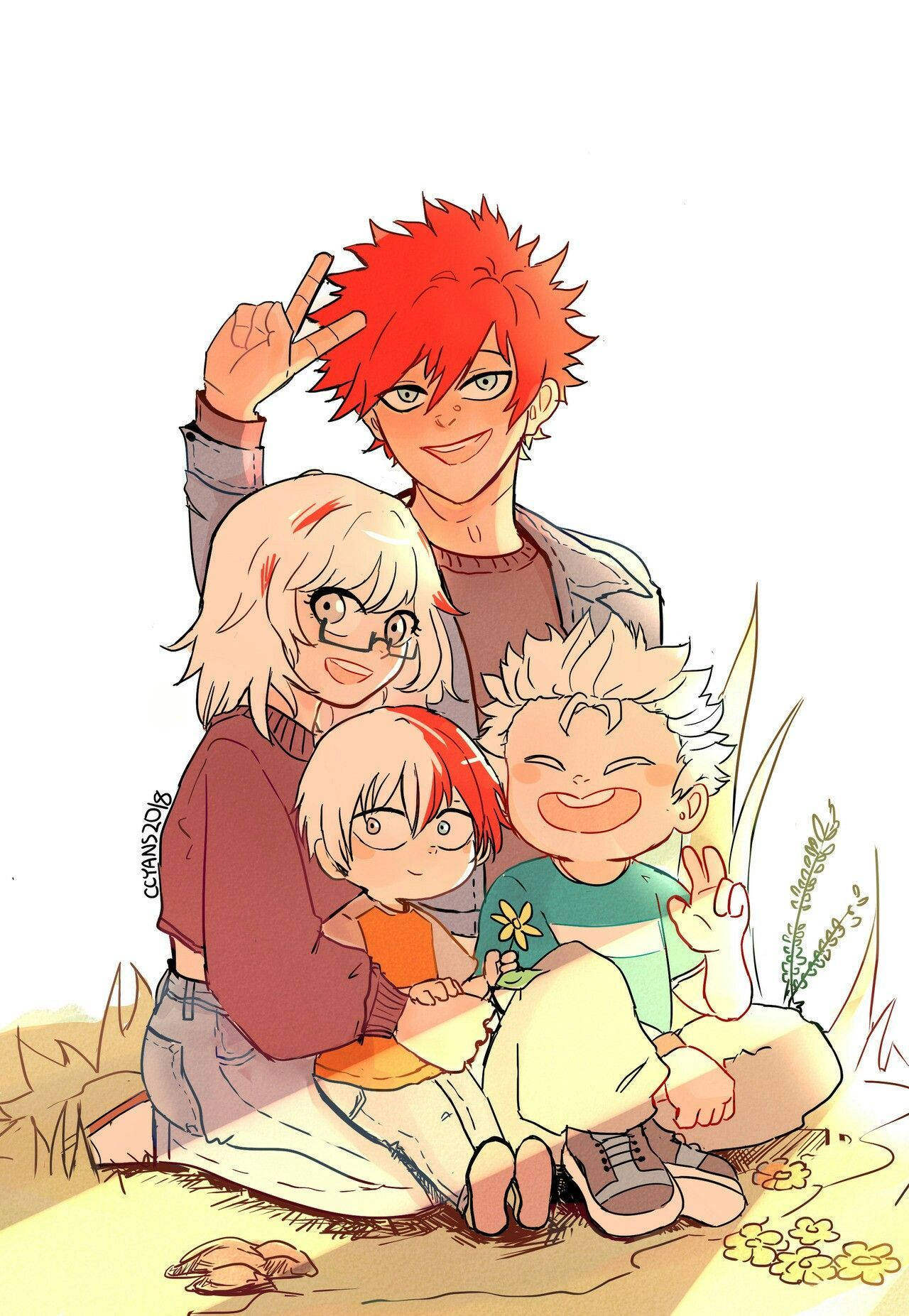 todoroki family 桌布 壁紙 — 四個紅髮和金髮的動漫角色一起坐在草地上微笑並做出和平手勢。