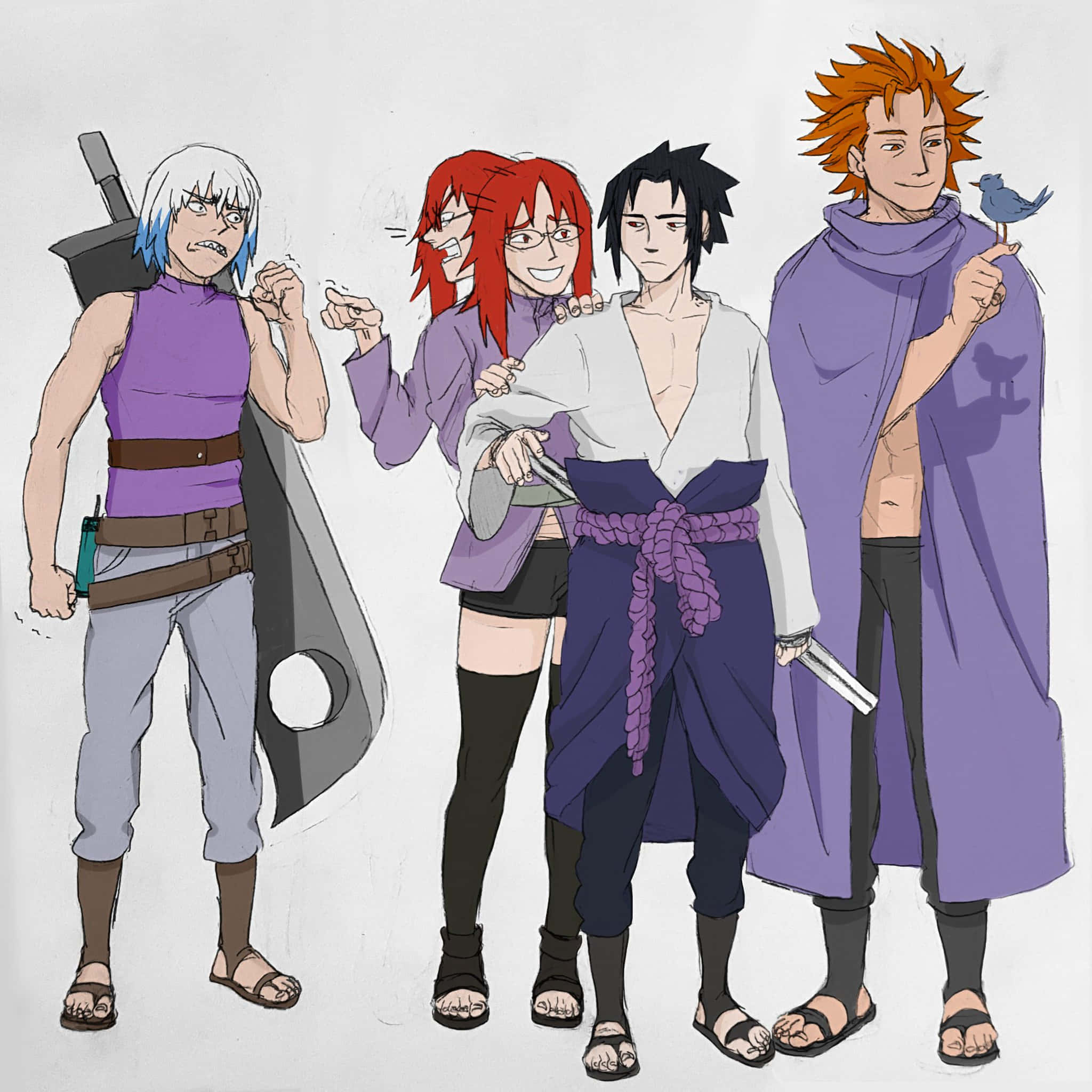 Team Taka Naruto 桌布 壁紙 — 四個紫色主題服裝的動漫角色，手持武器和一隻鳥，在純色背景前擺姿勢。