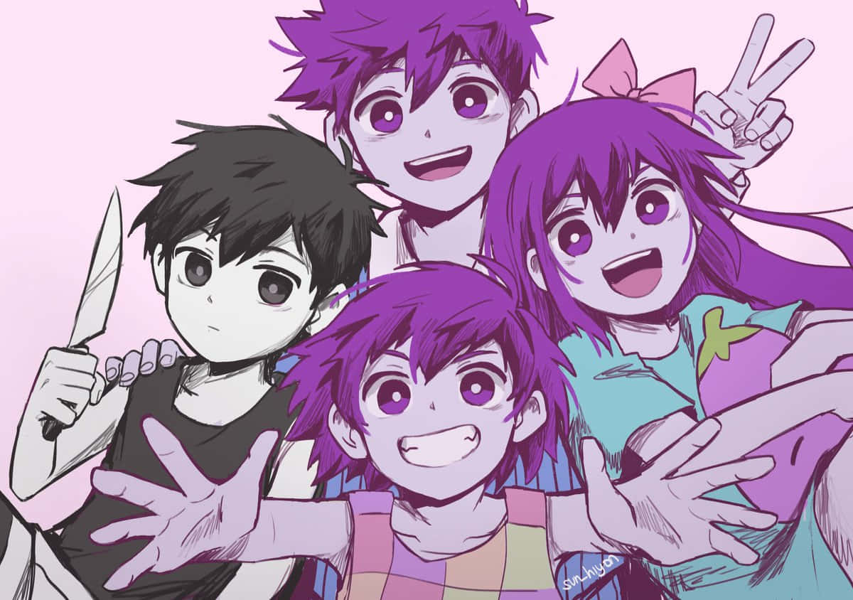 四個紫色頭髮的動漫小孩微笑擺姿勢，其中一個拿著刀。 — Omori GIF 壁紙
