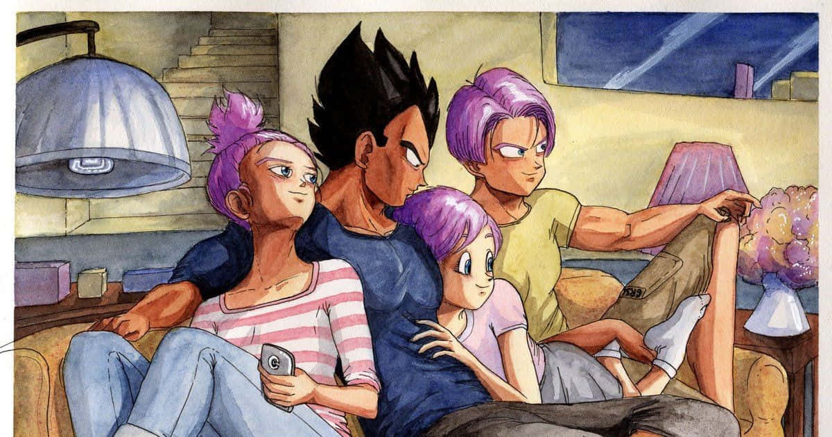 Vegeta's Family 桌布 壁紙 — 四個紫色頭髮的動漫角色在溫暖照明的客廳沙發上一起放鬆。