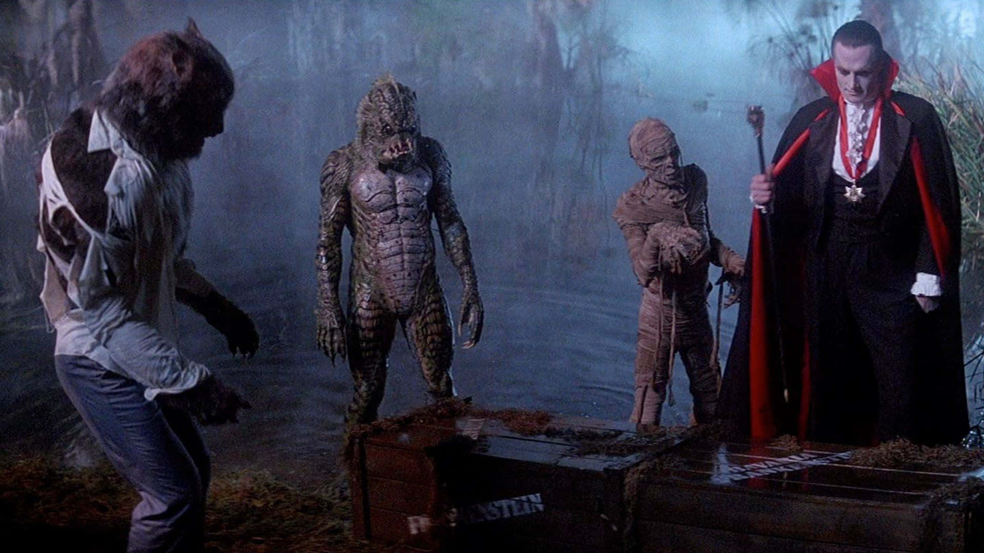 dracula 桌布 壁紙 — 四個經典怪物，包括狼人、木乃伊和吸血鬼，在夜晚的霧氣沼澤中威嚇地站立。