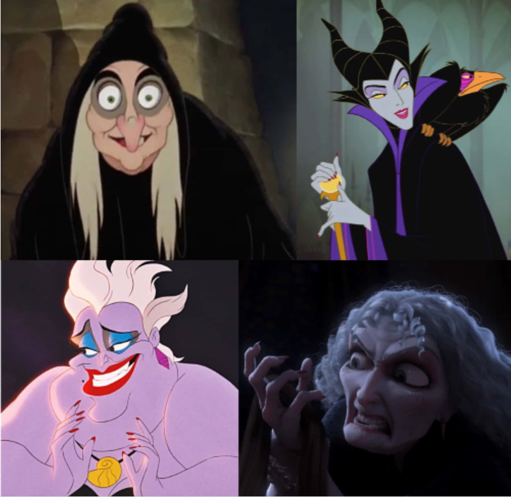 Evil Witch 桌布 壁紙 — 四個經典迪士尼反派角色的動畫特寫：一個大眼女巫、一個帶著烏鴉的角女巫、一個紫色海女巫，以及一個頭髮凌亂的蒼白女巫。