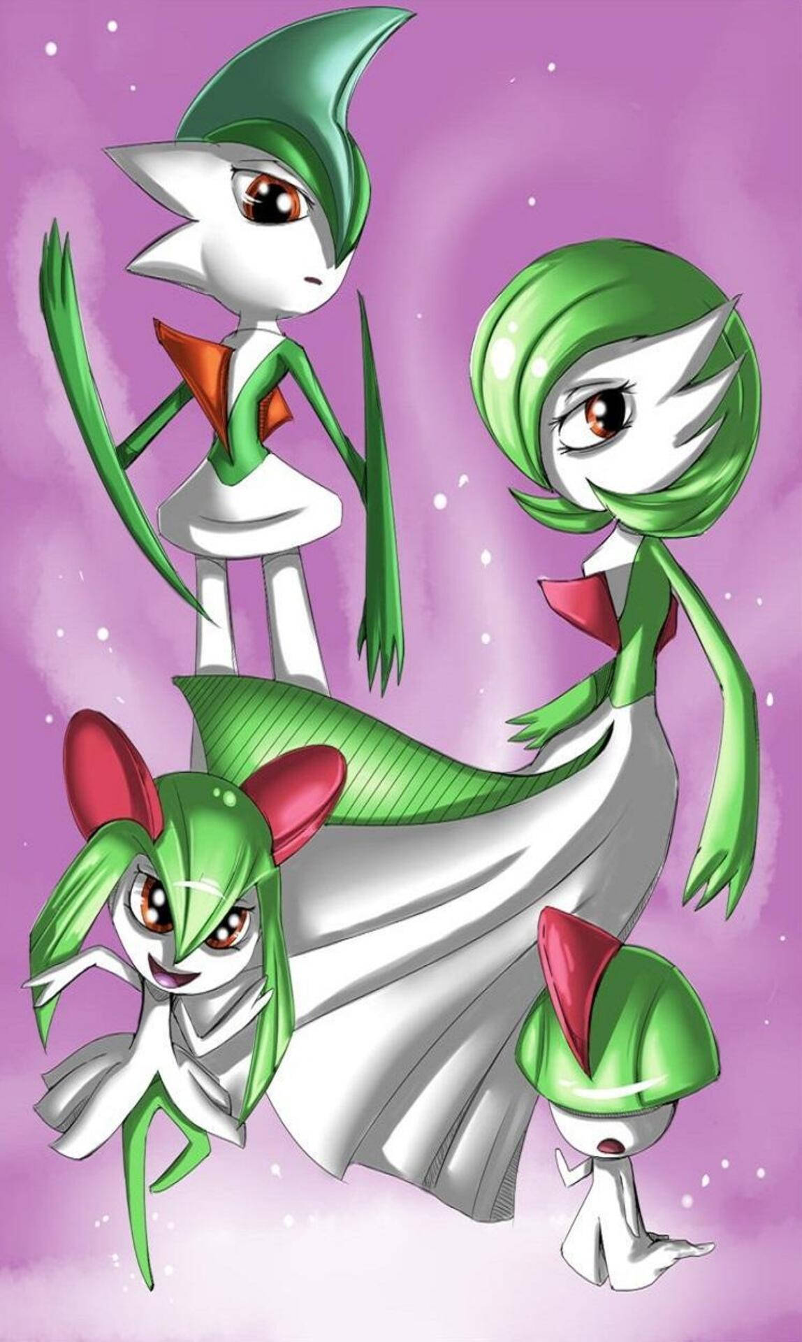 Gardevoir 桌布 壁紙 — 四個綠色和白色的動漫風格寶可夢角色在閃爍的紫色背景上優雅地漂浮。