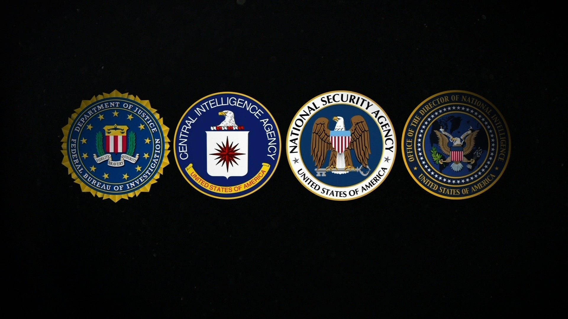 Cia 桌布 壁紙 — 四個美國情報機構的官方印章在純黑背景上一字排開展示。