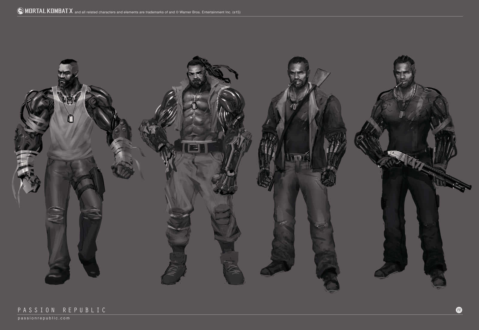 Mortal Kombat Jax 桌布 壁紙 — 四個肌肉發達的Mortal Kombat X角色以灰階姿勢站立，帶有機械義肢和武器，背景簡潔。