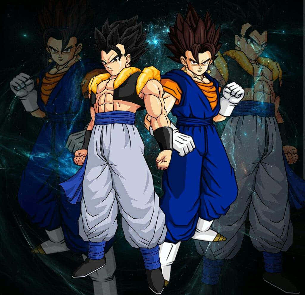 Gogeta And Vegito 桌布 壁紙 — 四個肌肉發達的動漫戰士穿著藍色和橙色道服，在星空星雲背景下擺出宇宙戰鬥姿勢。